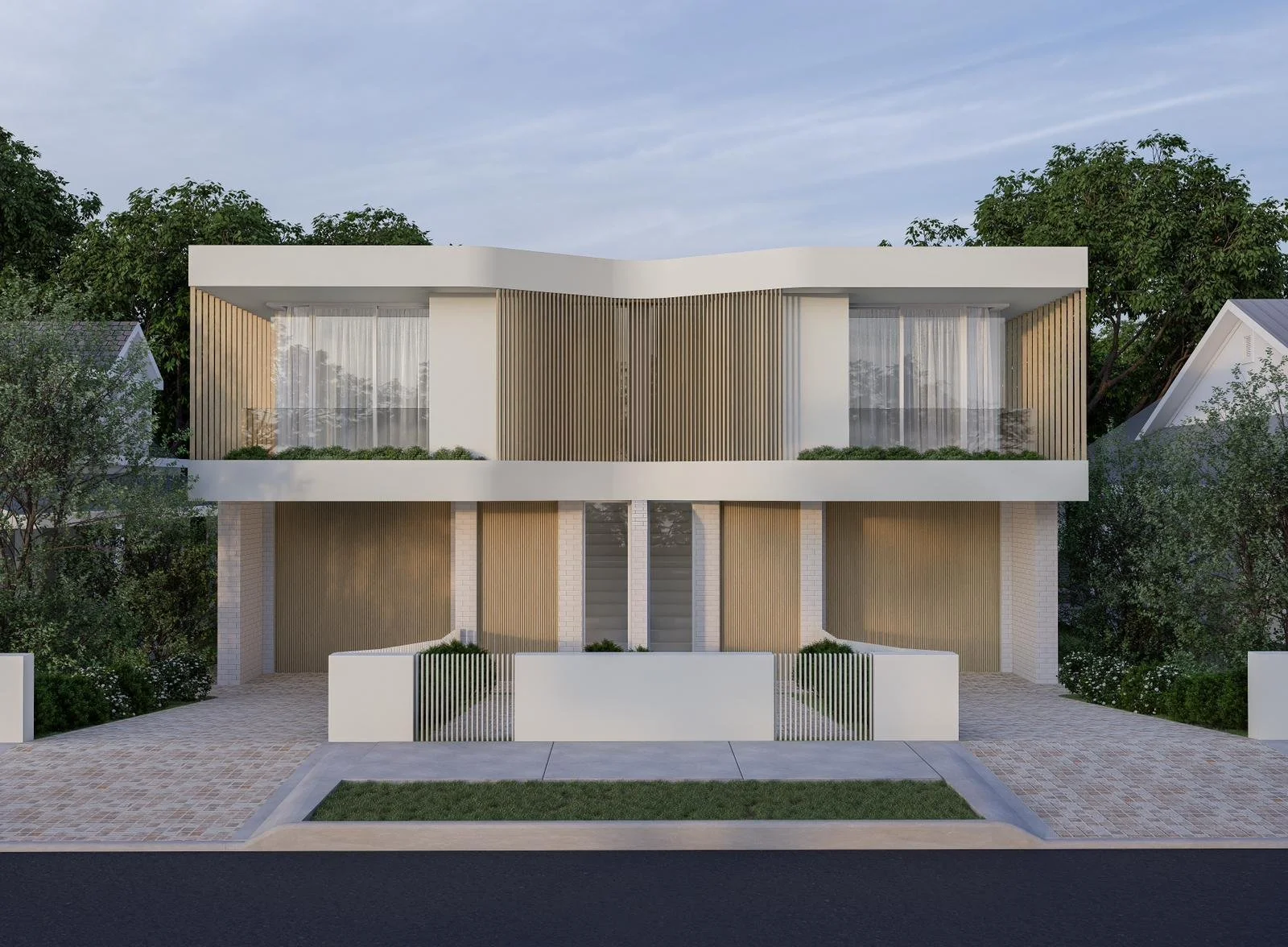 Modern two-story house with white exterior, wooden accents, large windows, and a landscaped front yard.