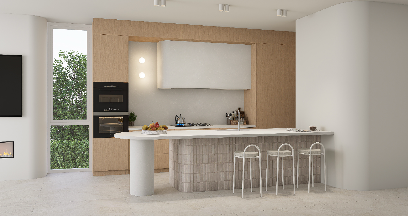 Modern kitchen with white island, three white barstools, wooden cabinets, and a large window showing greenery outside.