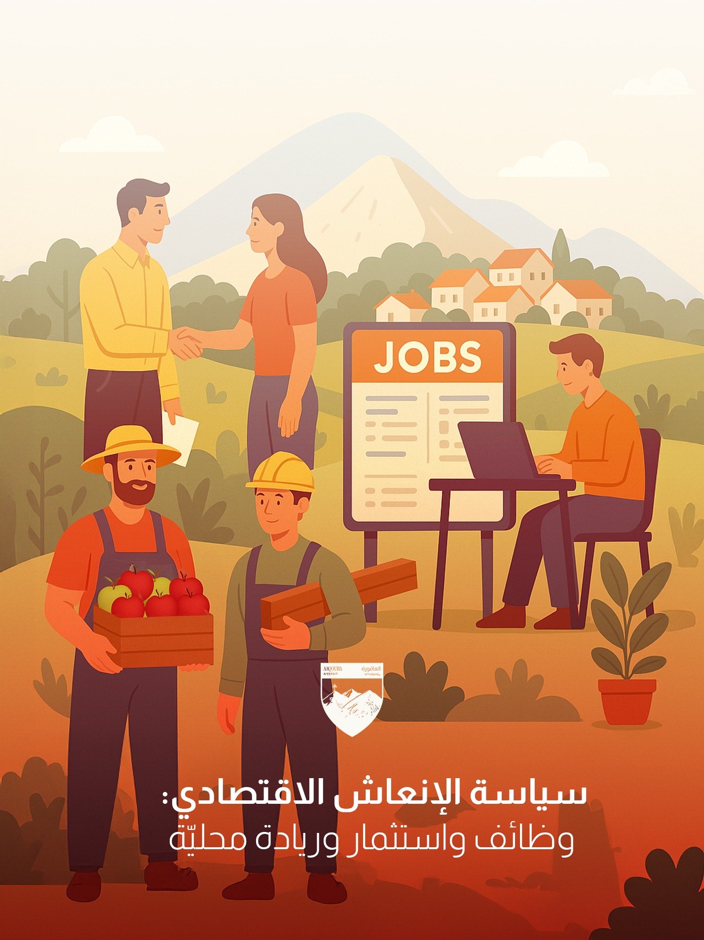 4.	🏔️💼🇱🇧 سياسة الإنعاش الاقتصادي: وظائف واستثمار وريادة محليّة
لا ينبغي أن يضطر أبناء العاقورة إلى مغادرتها لكسب لقمة العيش. سننشئ مكتبًا محليًا للوظائف، ونشجّع التوظيف الداخلي في قطاعات كالسياحة والزراعة والبناء، مع دورات تدريبيّة وبرامج توجيه ل