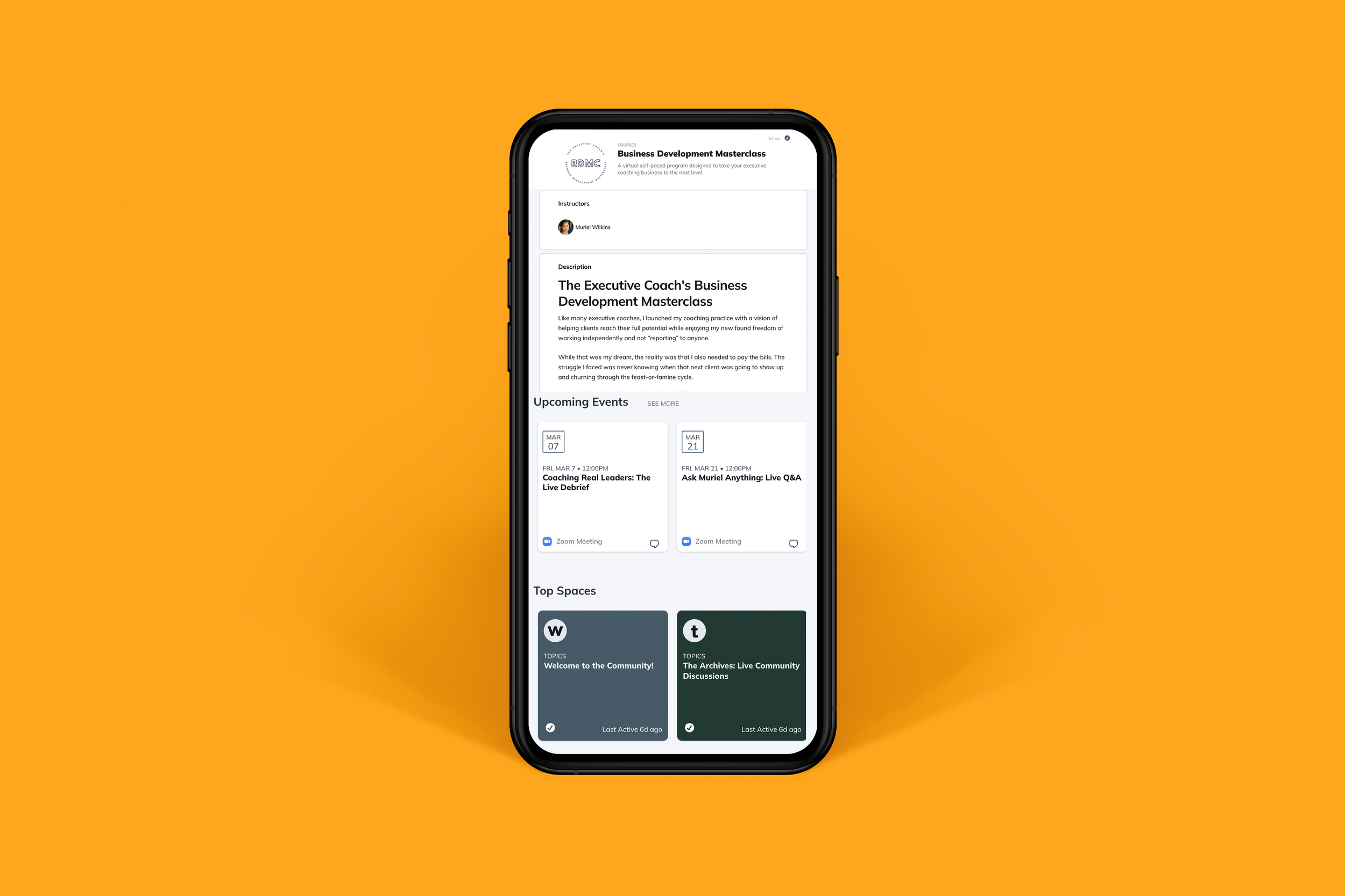 Phone screen with The Executive Coach's Business Development Masterclass portal