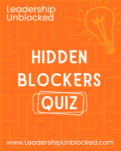 Orange quiz cover titled 'Leadership Unblocked Hidden Blockers Quiz' with a lightbulb illustration in the top right corner and maze pattern in the background.