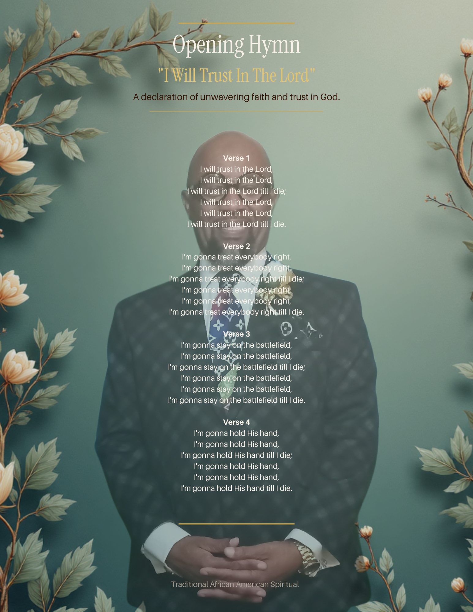 Opening Hymn graphic displaying the lyrics to 'I Will Trust in the Lord' alongside Rev. Willie Ray Byrd honoring 29 years of faithful ministry at Prairie Grove Baptist Church.