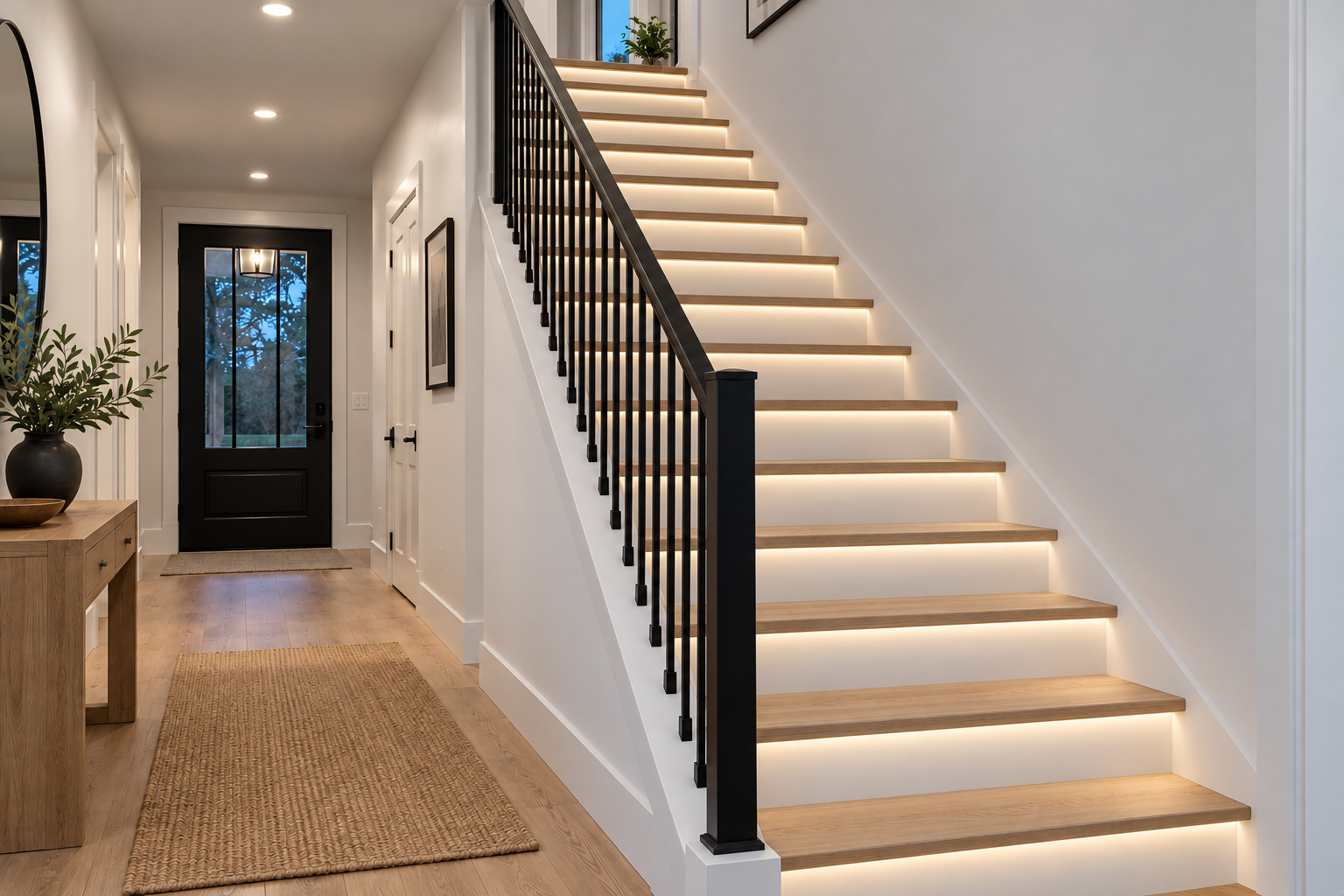 Modern oak stairs with continuous concealed LED strips beneath each tread