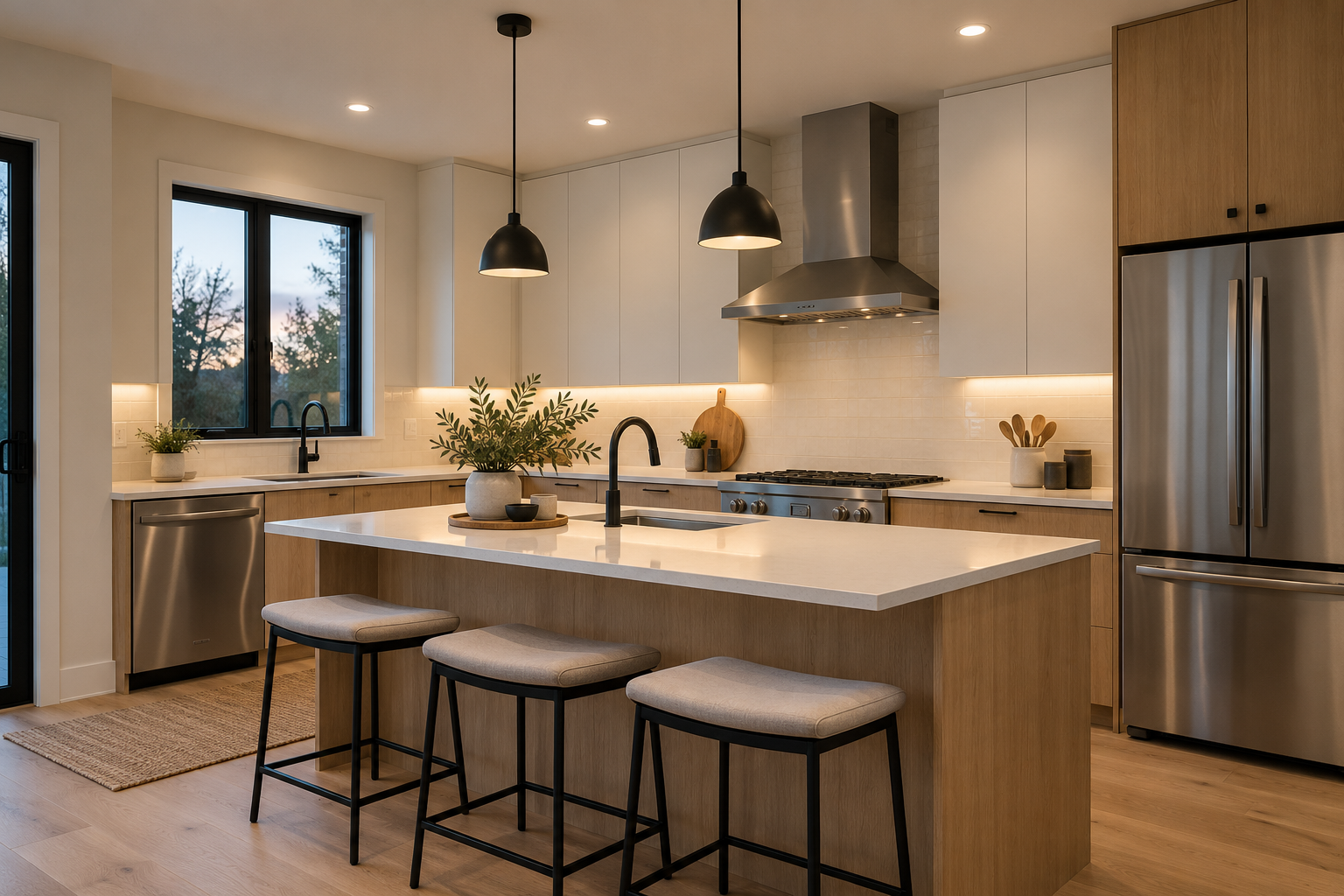 Modern kitchen with pendant lights, recessed ceiling lights and under-cabinet LED lighting