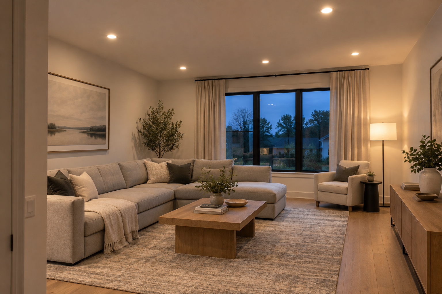 Comfortable modern living room illuminated by warm recessed ceiling lights