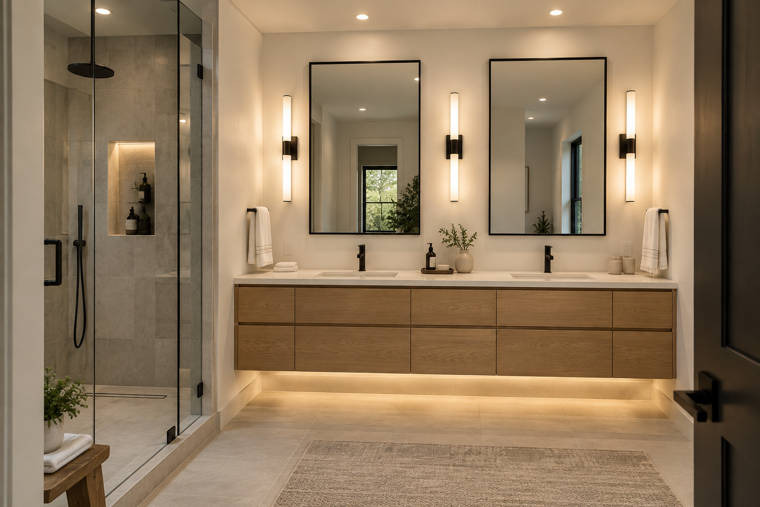 Bathroom with modern vertical vanity sconces, recessed lights and concealed under-vanity lighting