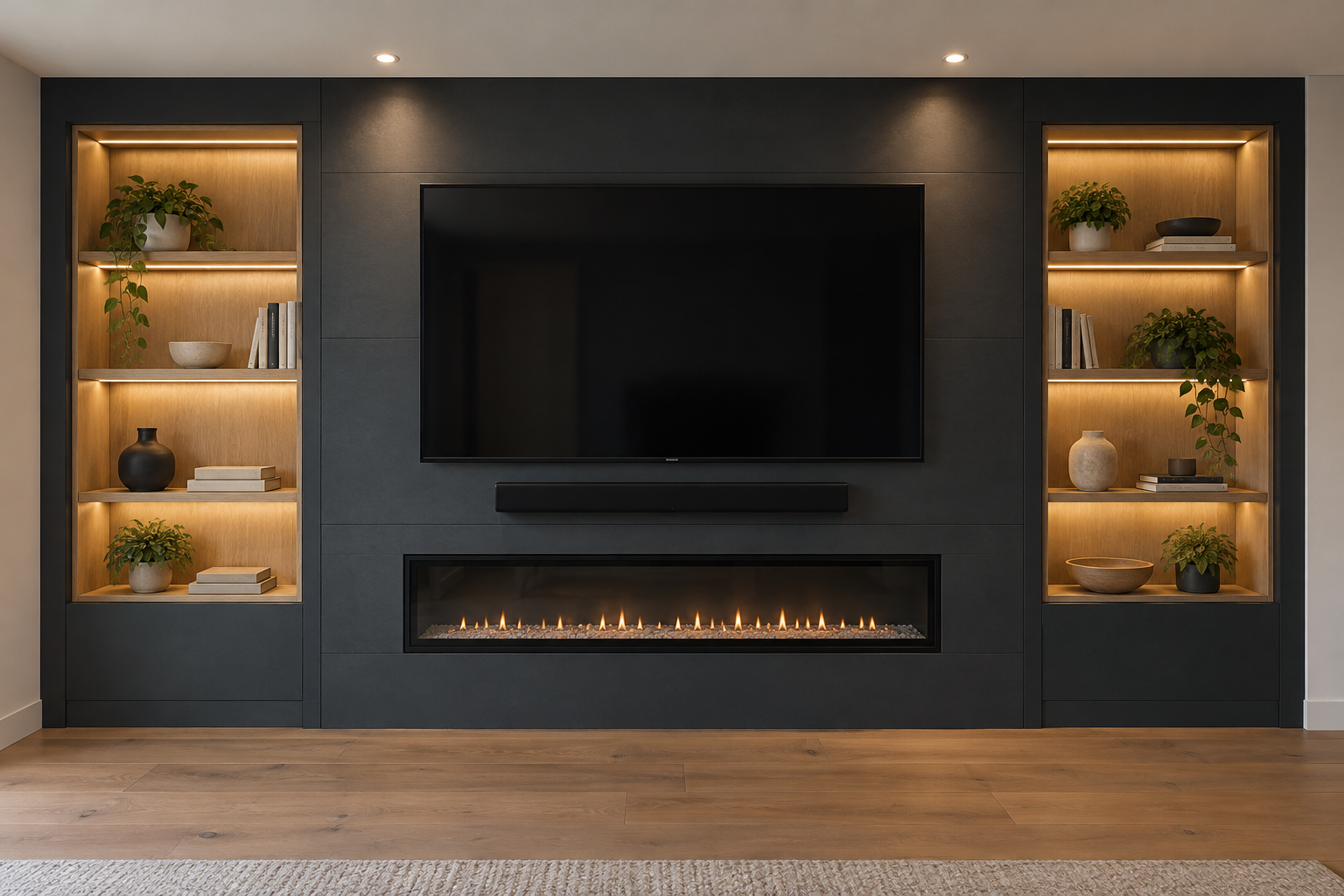 Media wall with concealed warm-white shelf lighting and recessed ceiling lights