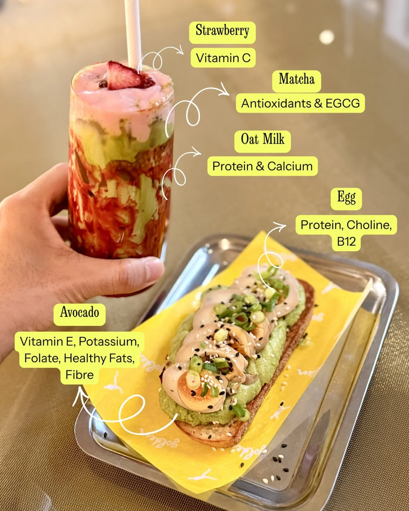 Breakfast that works hard, but still feels like a little indulgence. ✨

Creamy avocado, soy-marinated eggs loaded toast, and a Strawberry Matcha that brings together antioxidants, protein, healthy fats, fibre, and a hit of vitamin C.

Because the bes