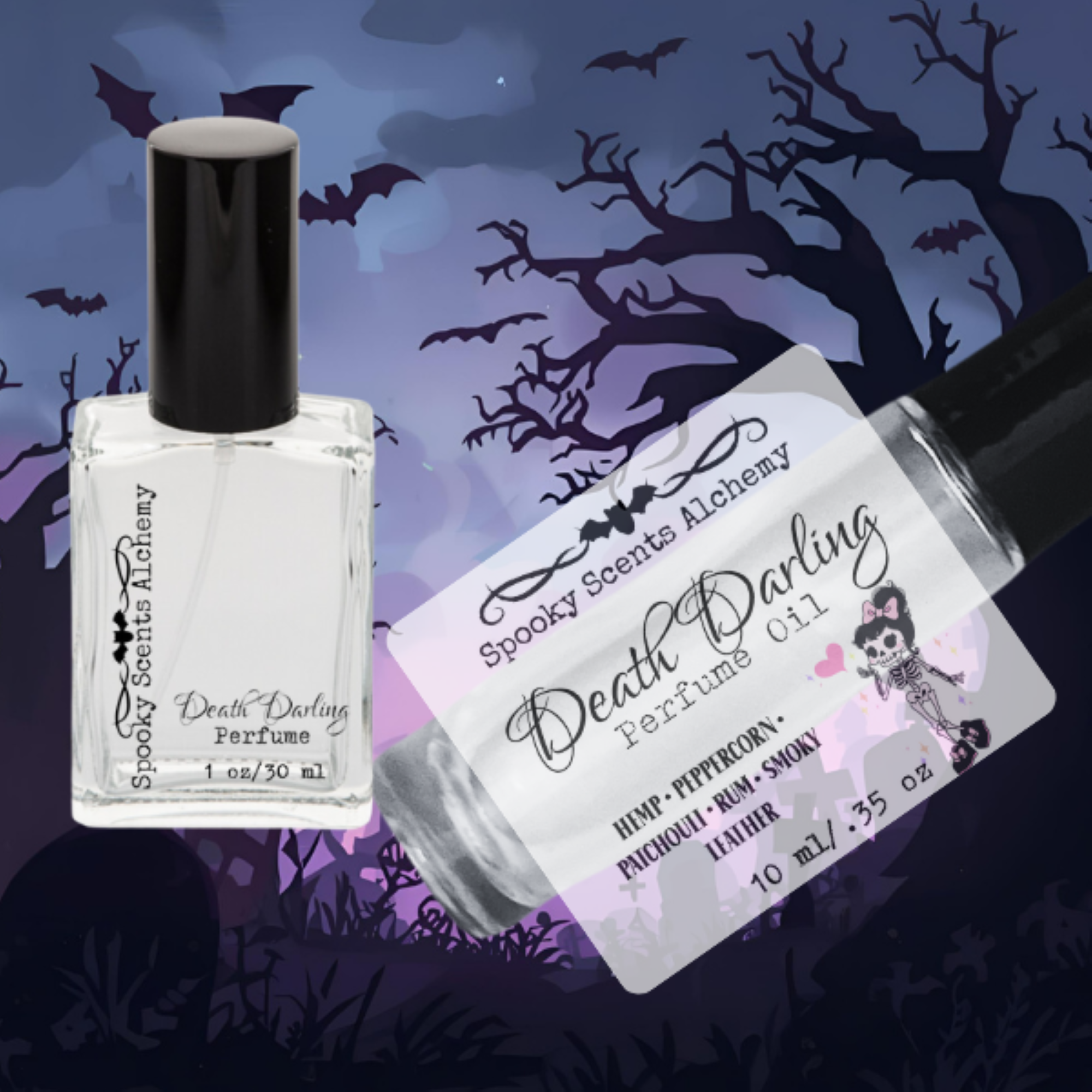 A small clear perfume bottle labeled 'Death Darling' with a black cap, placed on decorative paper with Halloween-themed text and illustrations, including a skeleton and bats, against a purple background with leafless tree silhouettes.