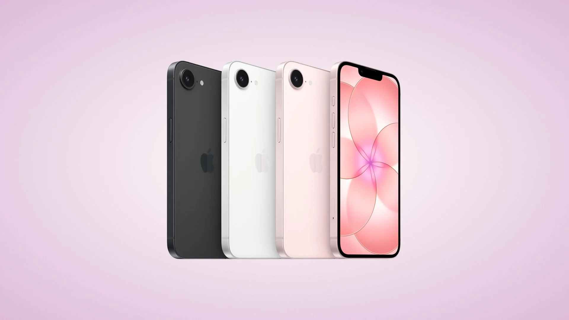 Apple iPhone 17e in all colours: Black, White, and Soft Pink.