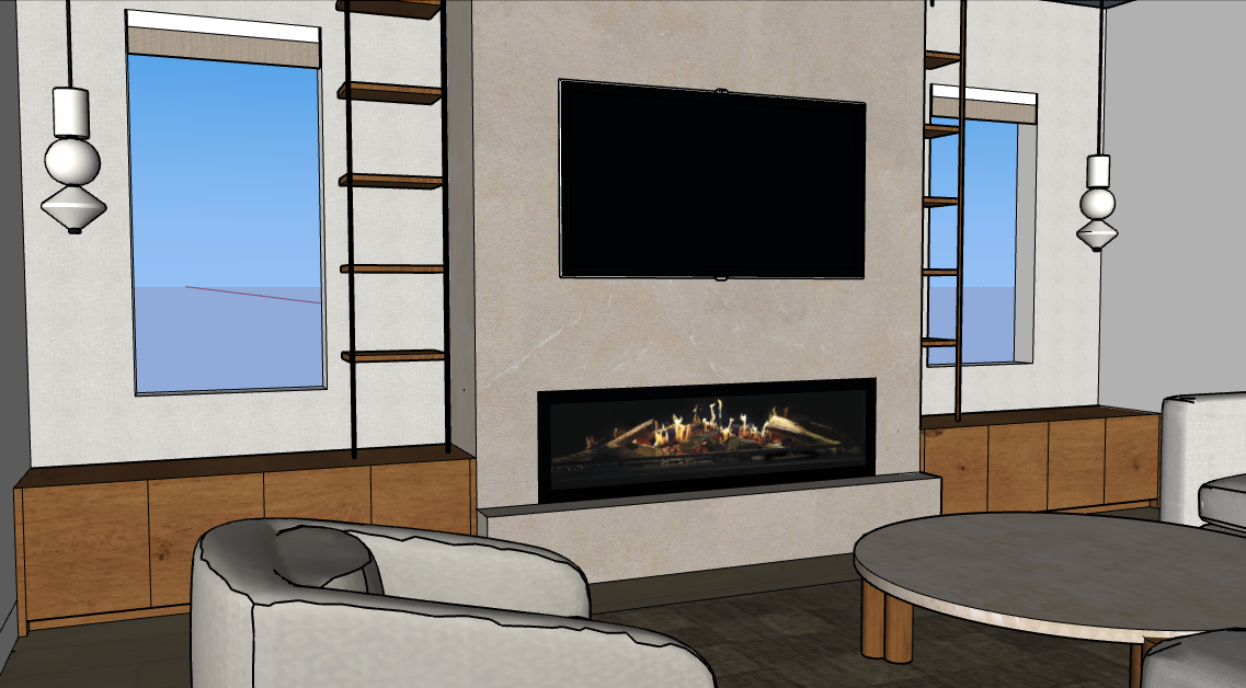 Living room with two windows, a flat-screen TV mounted on a wall, a modern fireplace below the TV, two pendant lights, a white couch, and a round coffee table.