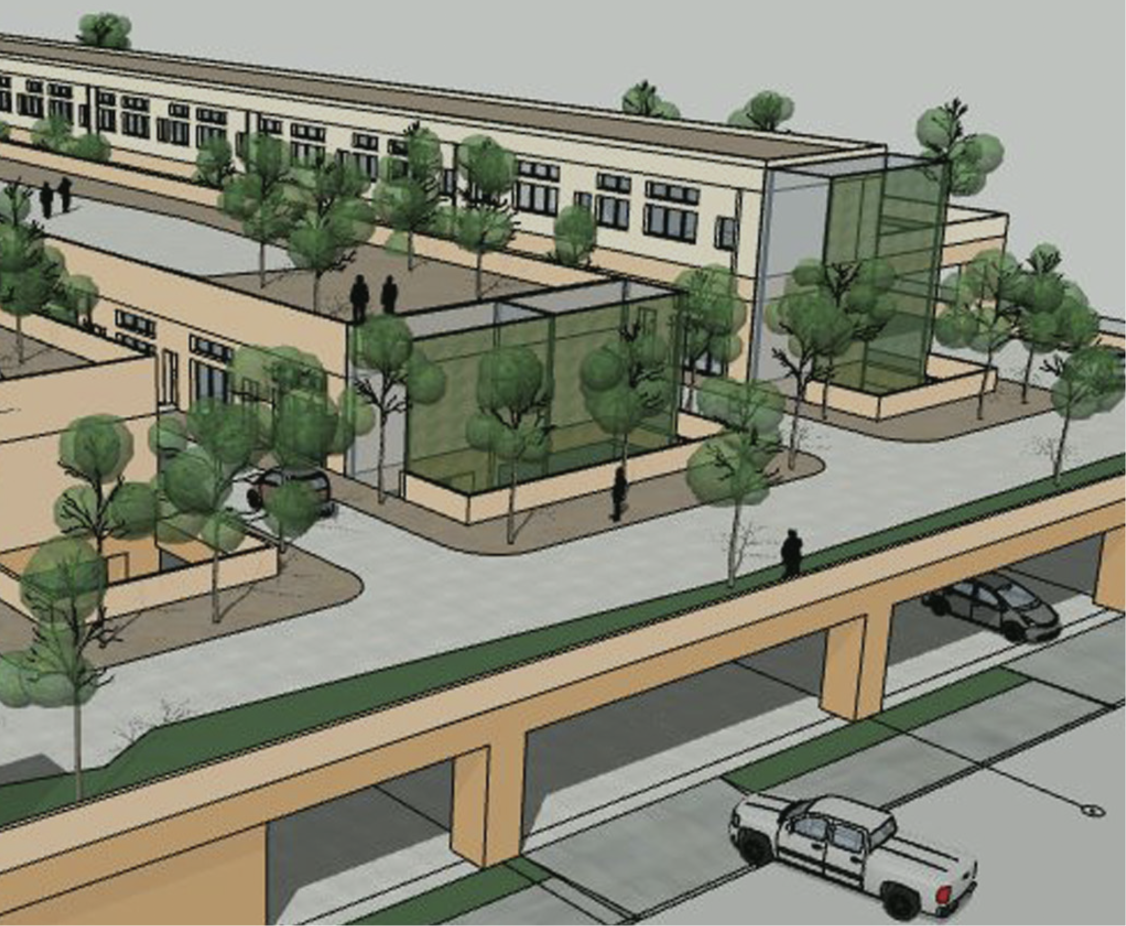 At every elevation, each dwelling has a level entry so residents can roll inside and park their vehicles. This accessibility makes shopping and day-to-day mobility more environmentally sustainable and easy and accessible for residents with diverse ne
