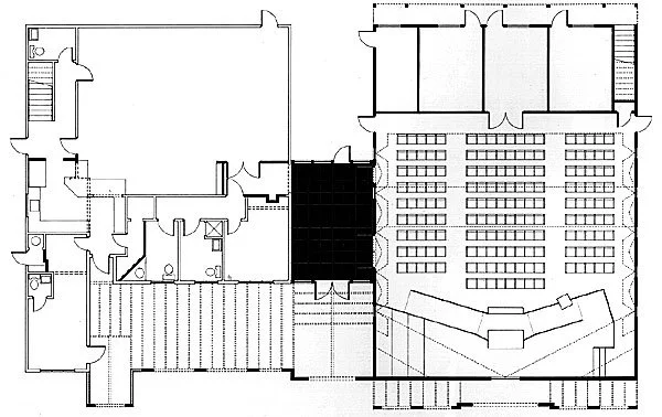 The Phase 1 floor plan shows how the new spacious sanctuary (right) and the meeting hall (left) volumes fill separate residential lots. They connect in the middle and flow from the new main entrance, denoted by a simple arch.