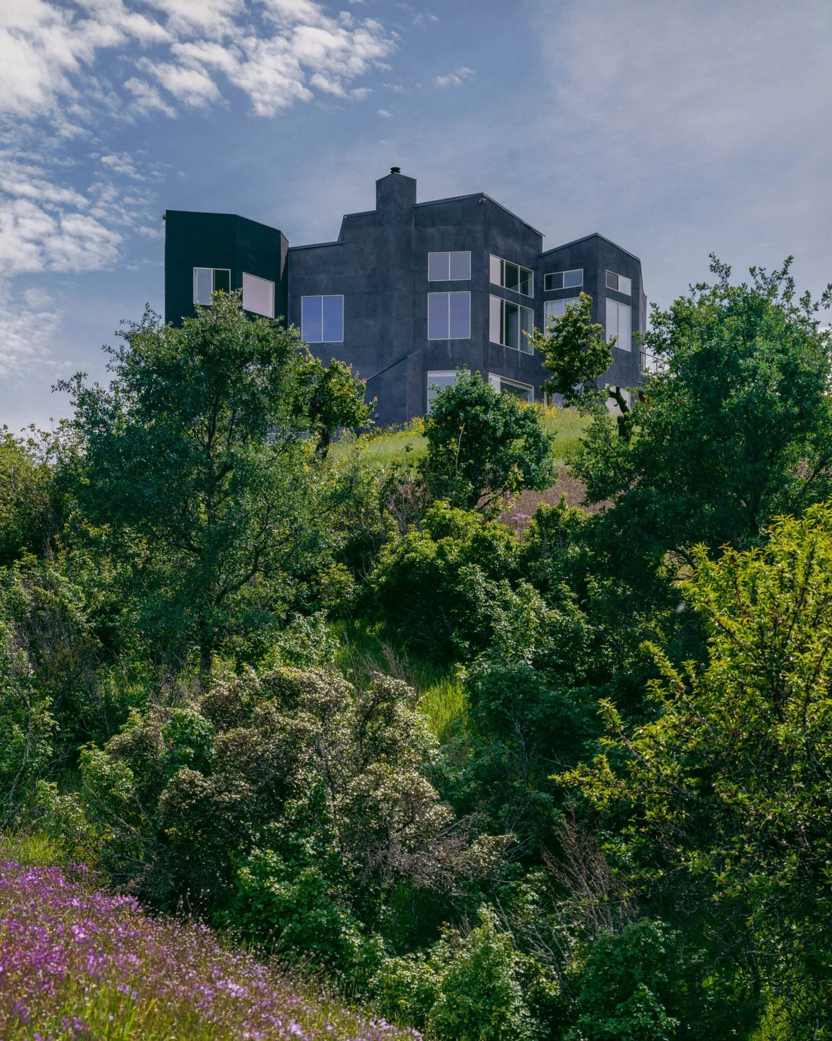 Shades of grey on the exterior stand apart from the hills’ golds, greens, and yellows but still work harmoniously, like a natural rock formation.