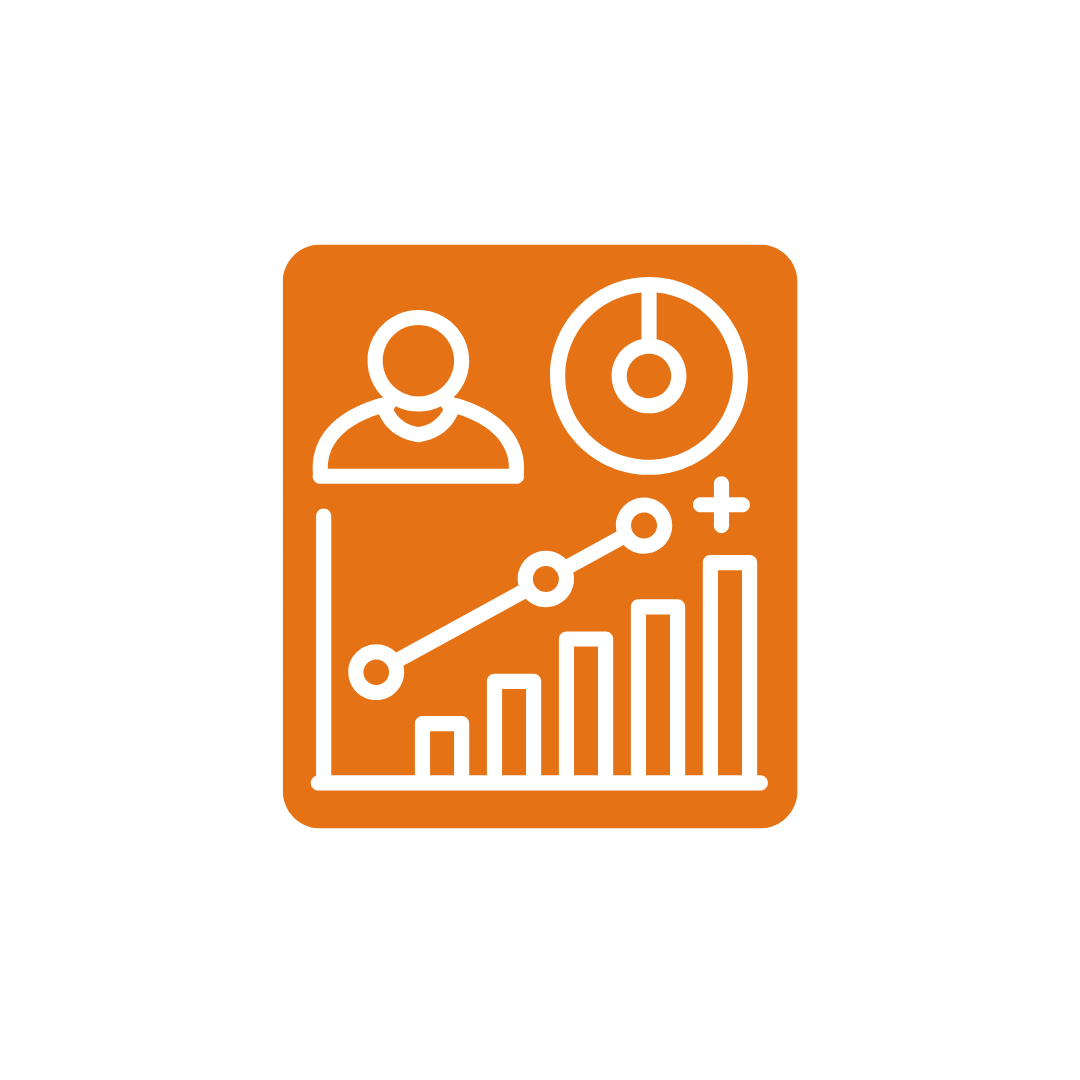 Icon representing data analytics and personal user profile, including a bar chart, line graph, user silhouette, and speedometer.