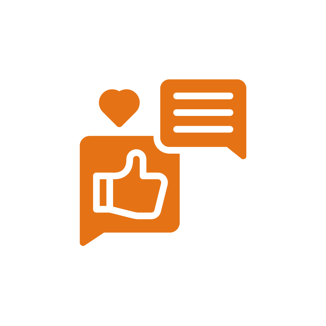 Social media icons for likes, comments, and love in orange on a white circular background.