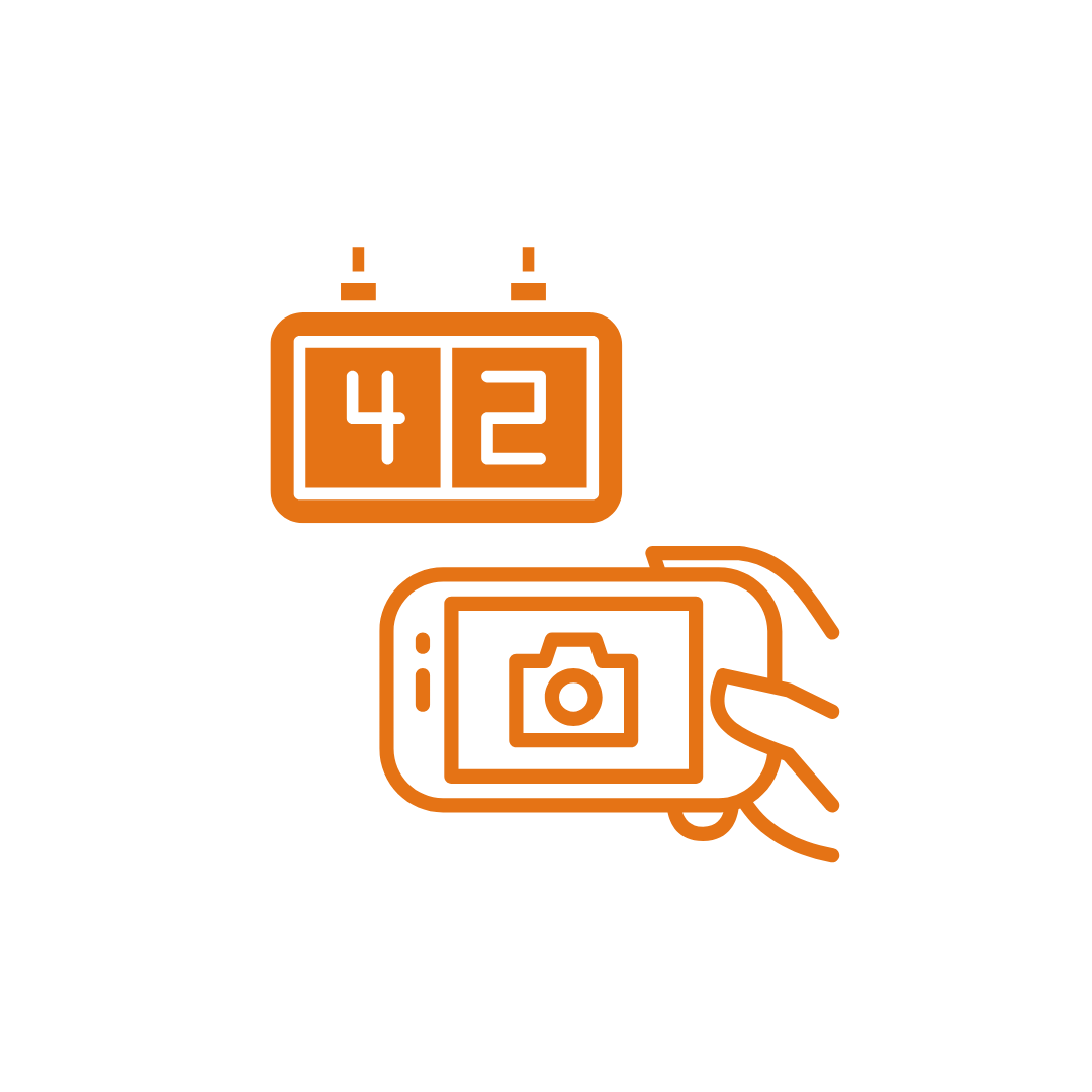 Line drawing of a hand taking a photo of a scoreboard with the numbers 4 and 2, and a digital timer.