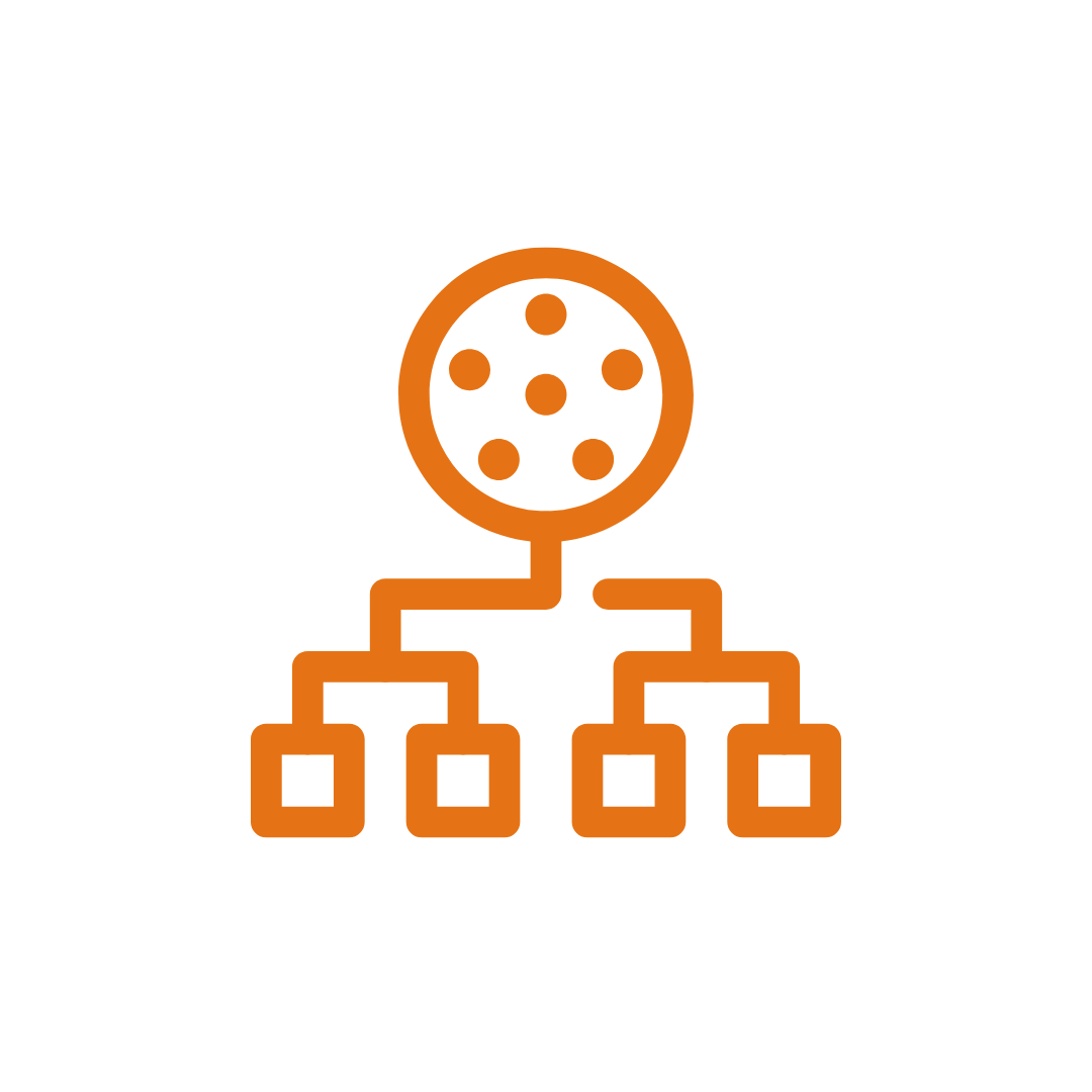 Network or organizational chart icon with a central circle connected to multiple square nodes.