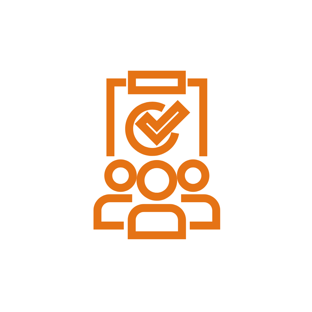 Orange icon of three people in front of a clipboard with a checkmark inside a circle, symbolizing teamwork or approval.