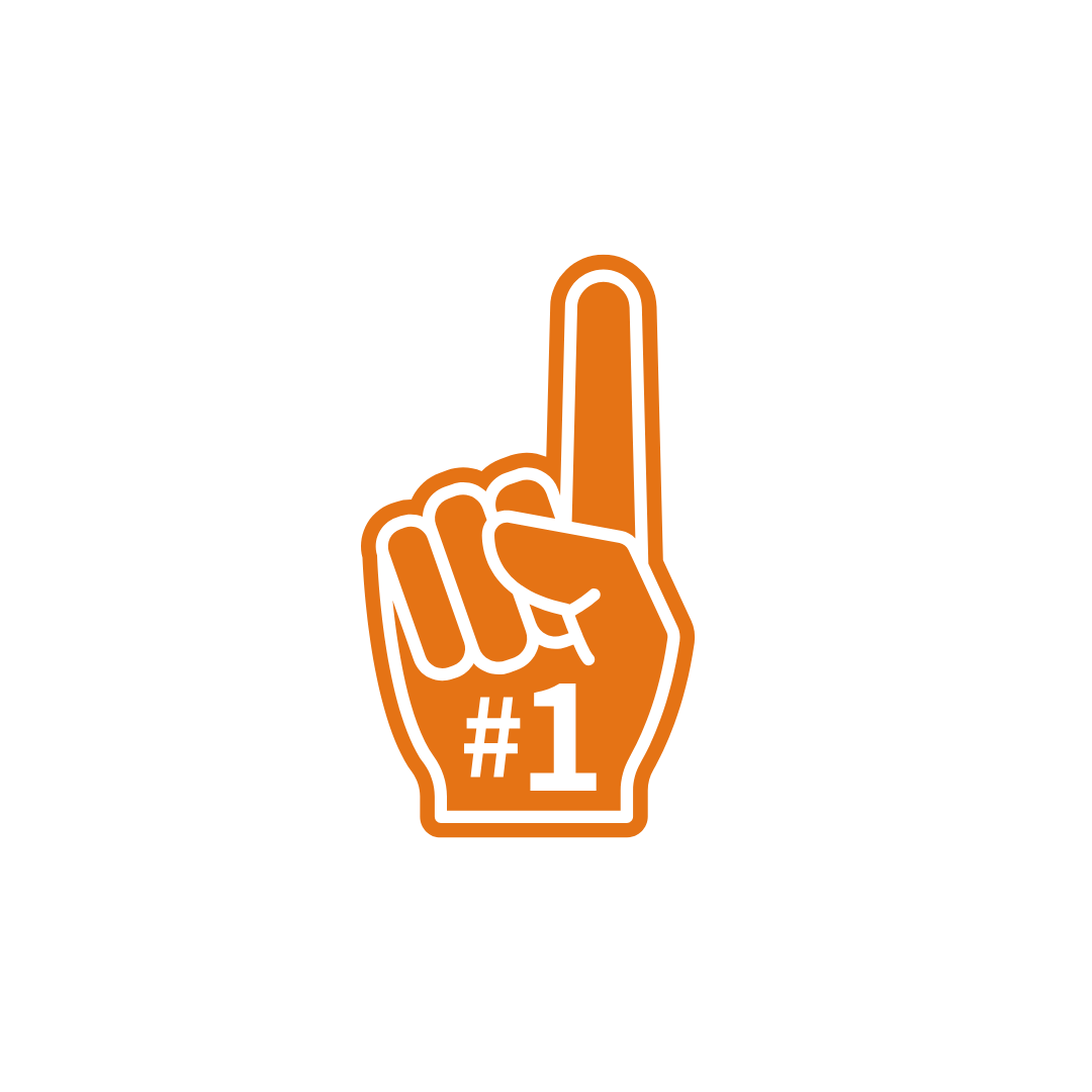Graphic of a foam finger with the number one, outlined in orange, with the text '#1' on the wrist, set against a white circular background.