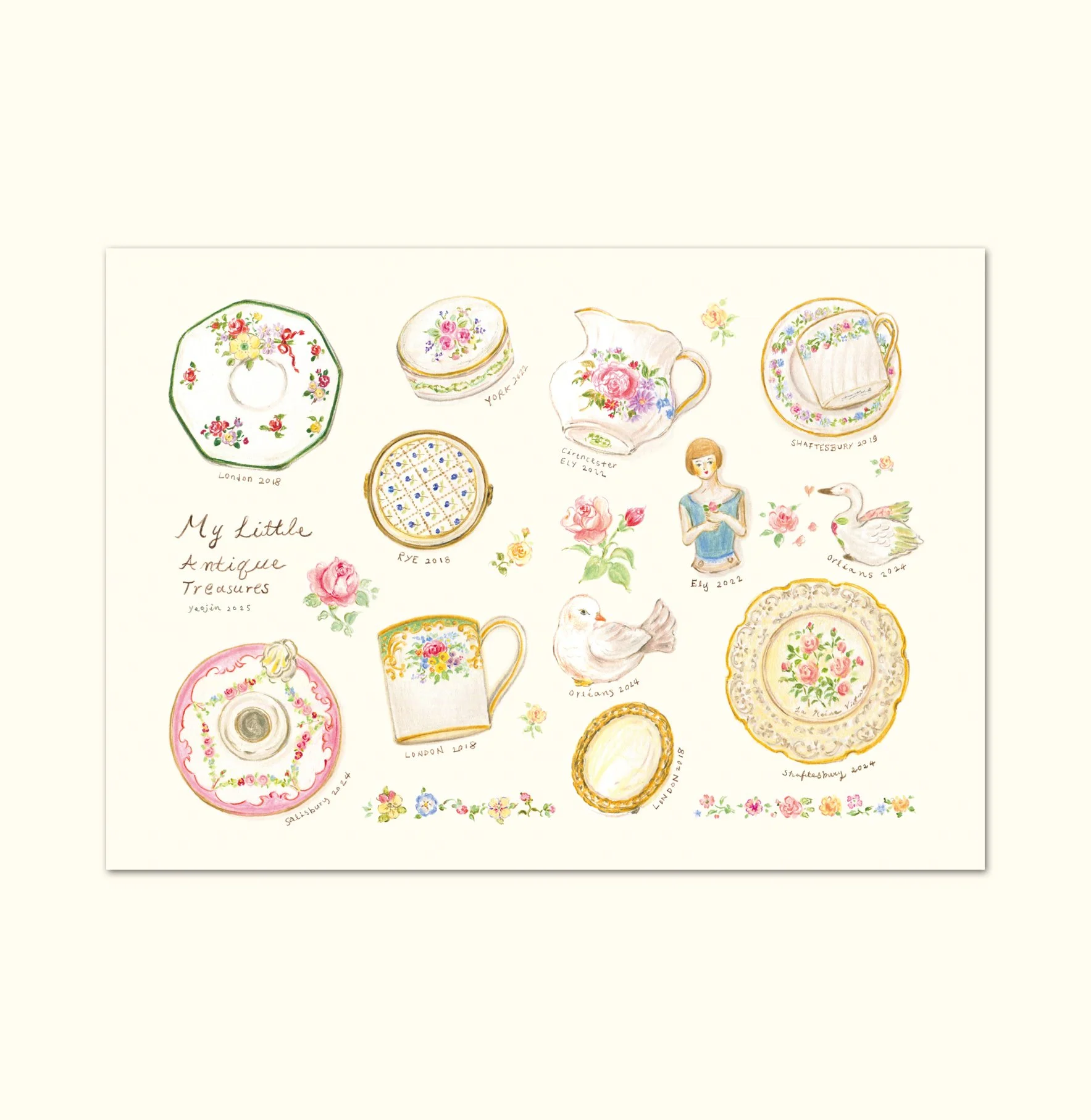 Vintage Objects & Flowers Art Print
