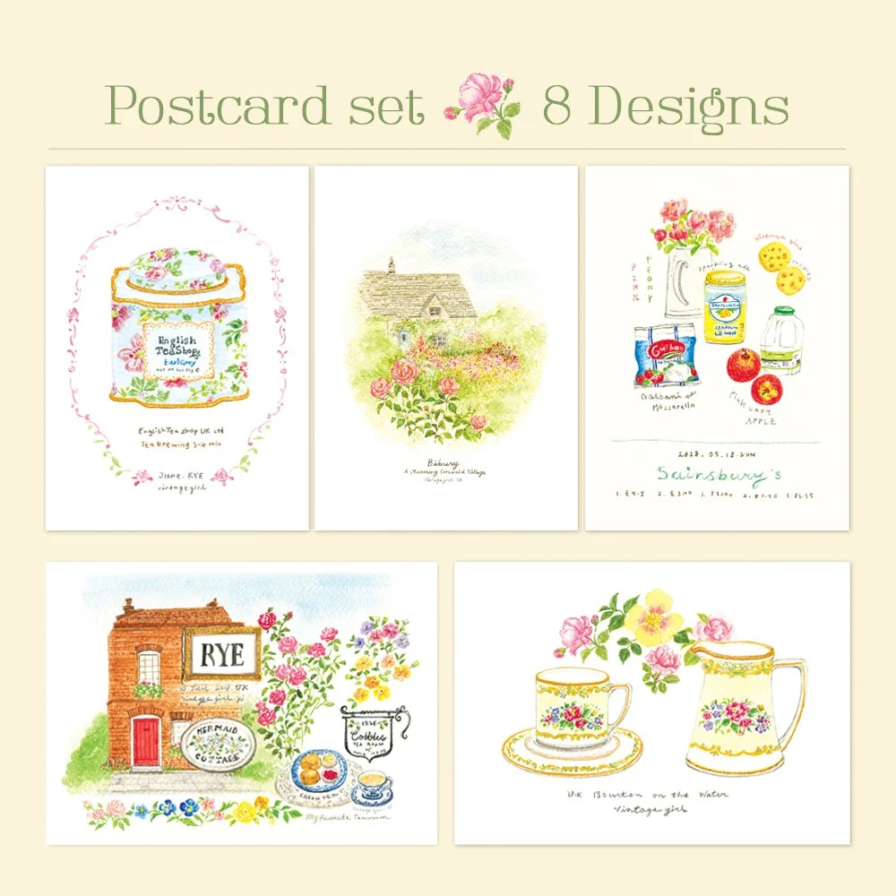 Travel & Tea Room Illustrated Postcard set - 8 Designs