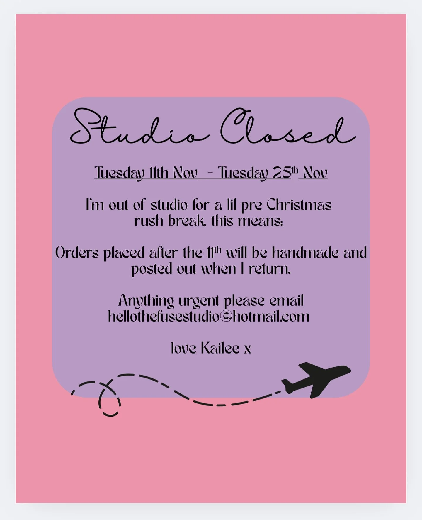 Heads up, sparkle fam! I&rsquo;m on holidays 11&ndash;25 November. 🌴
Got questions? Check the FAQs on the website first.
If it&rsquo;s truly urgent, email hellothefusestudio@hotmail.com.
Any orders placed after 11 Nov will be lovingly handmade and p