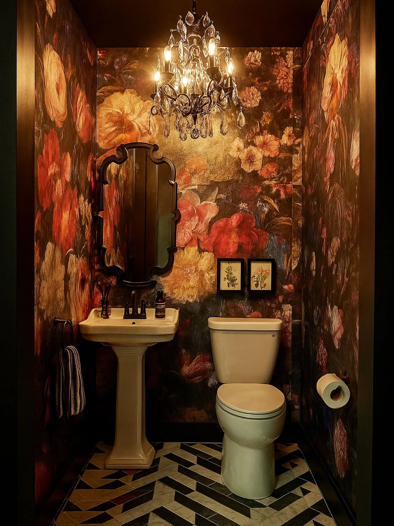 Sneaky Peak into the proposed Powder Room for the Macleod Project. Wallpaper, brass tapware, pedestal basin, all the magical things that make a gorgeous Powder Room!