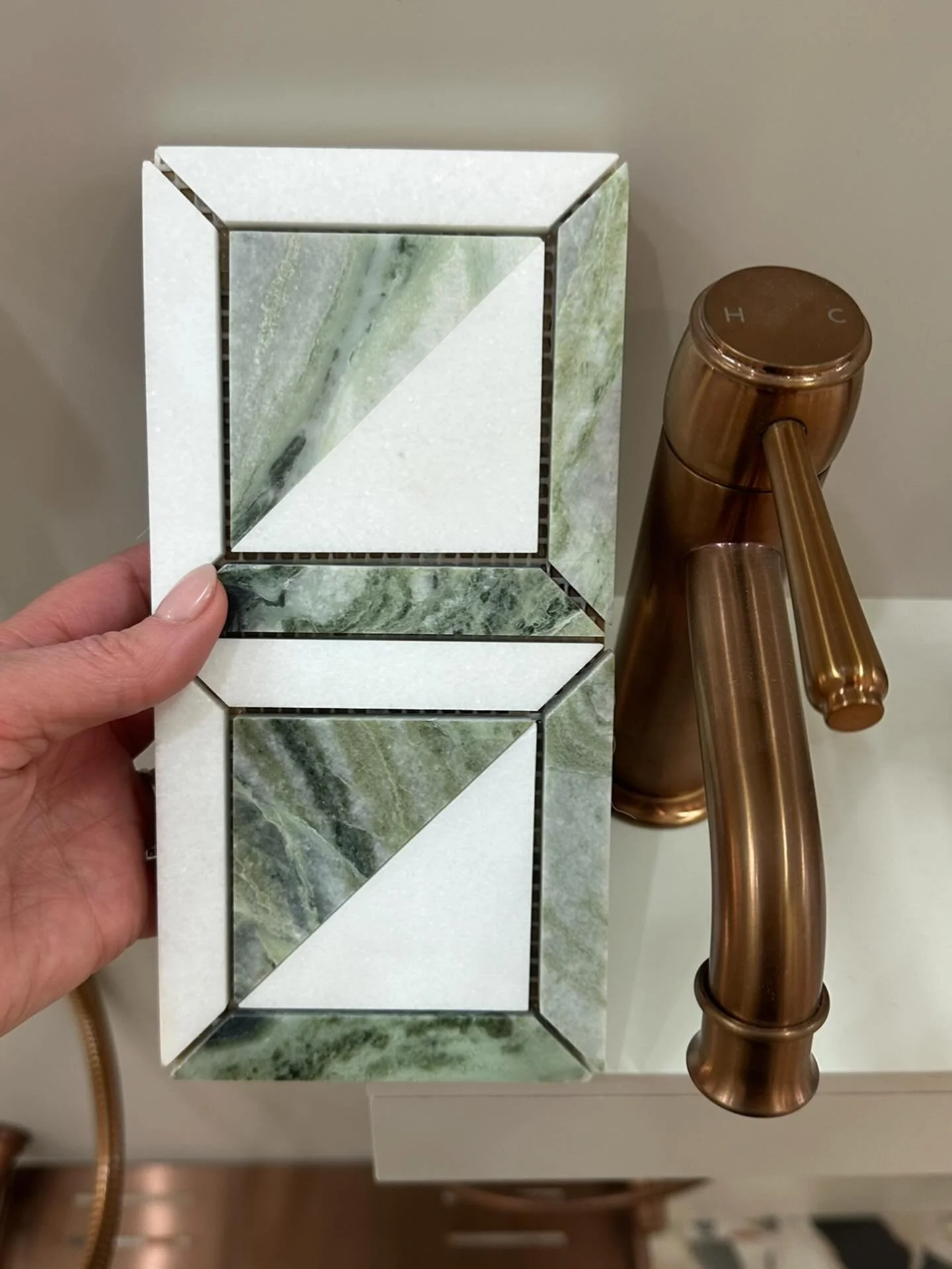 Northcote Project, Powder Room. Geometric Emerald Stone, Brass Tapware. Heaven!