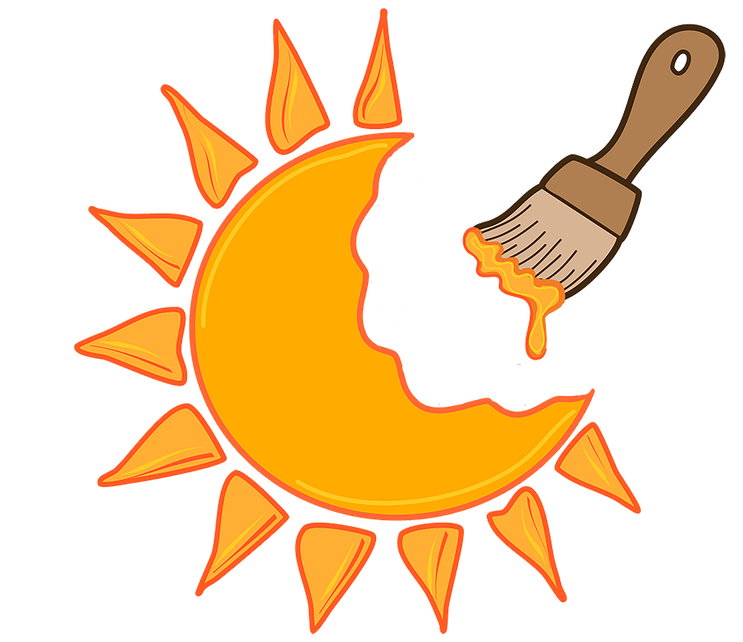 An orange sun being painted with a brown paint brush slightly dripping with wet yellow paint