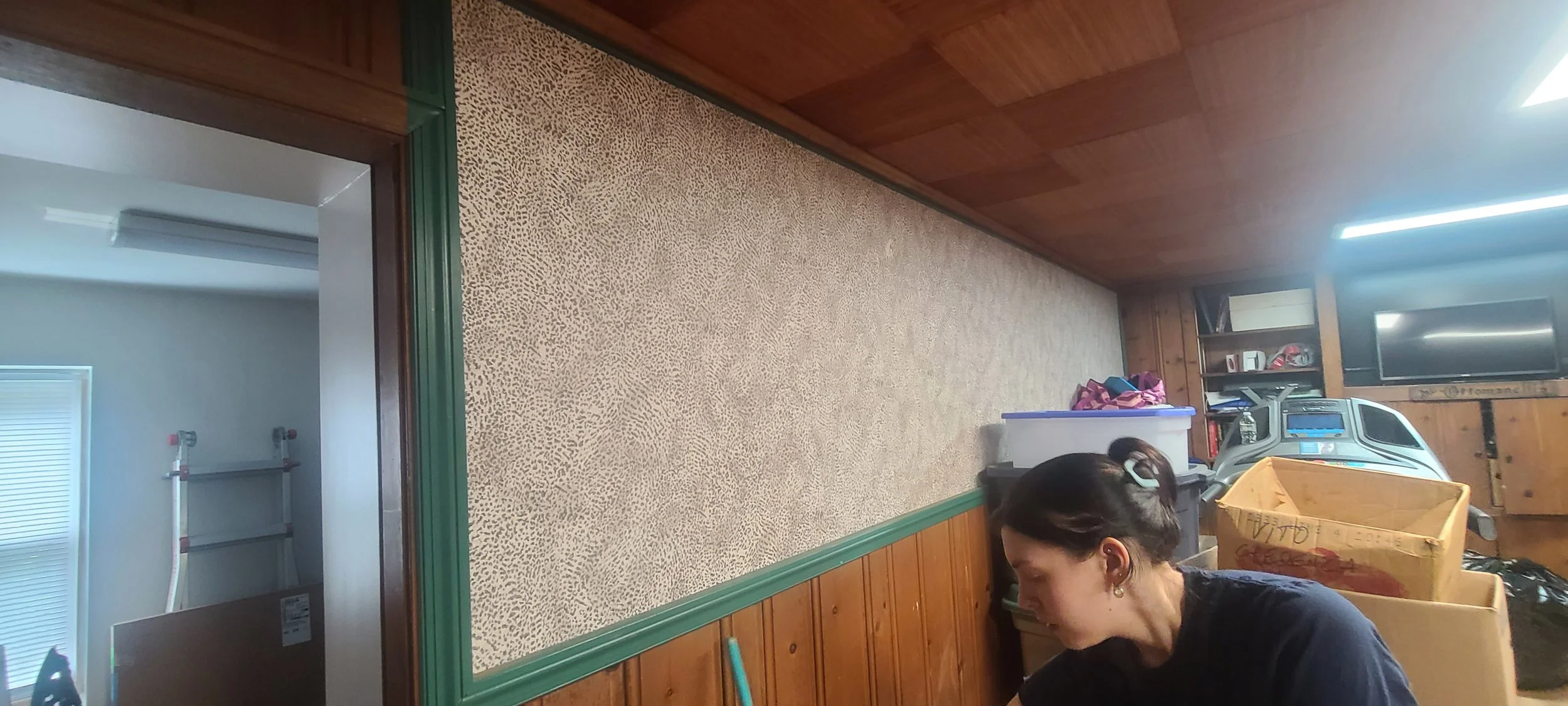 Cheetah print wallpaper on a framed wall with dark green trim prior to being renovated