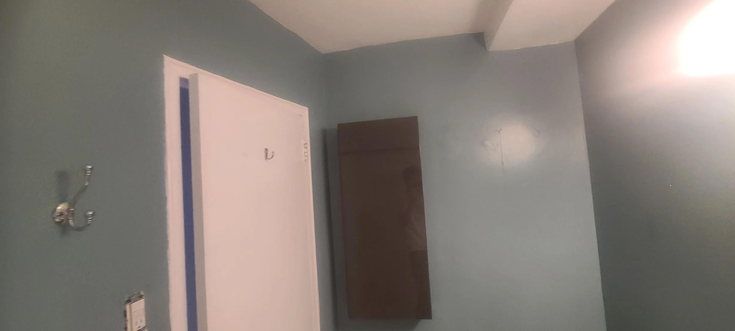 Blue bathroom with white door