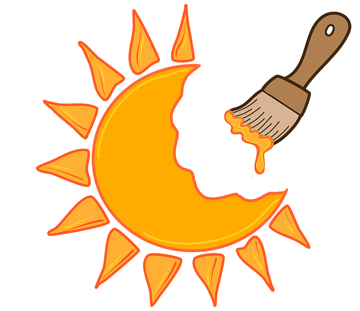 Illustration of an orange sun with a bite taken out, resembling a crescent moon, and a paintbrush applying orange paint.