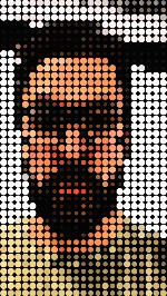 Pixelated image of a person with a beard and sunglasses, facing forward.