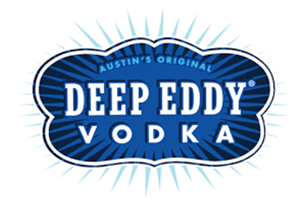 Logo of Deep Eddy Vodka with blue background, white and dark blue text, and a radiating light design.