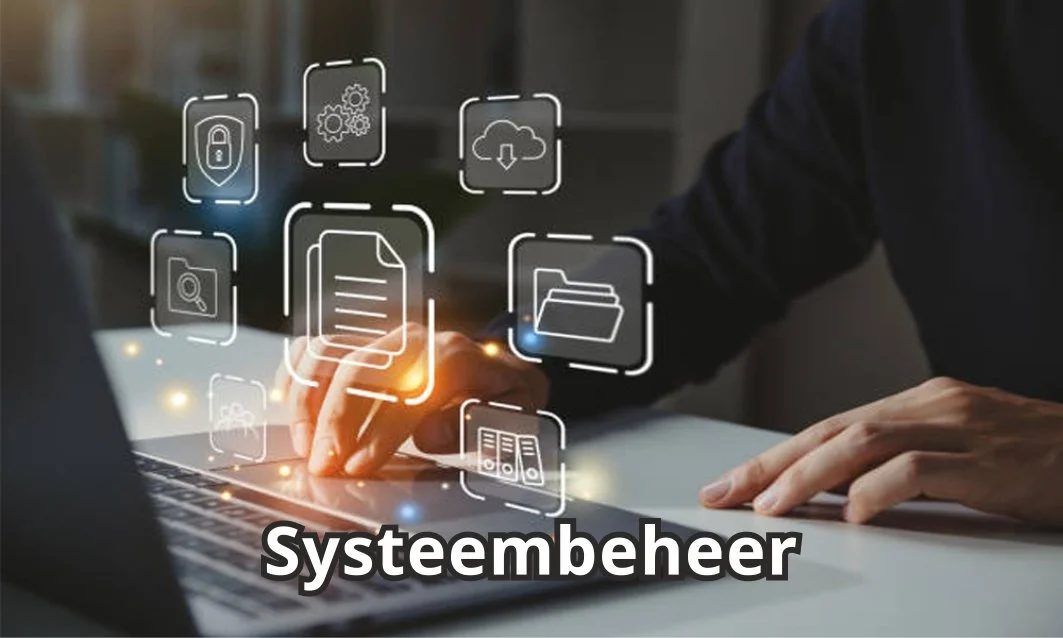Handen die op een laptop toetsenbord tikt met digitale icoon overlay en de tekst 'Systeembeheer'.