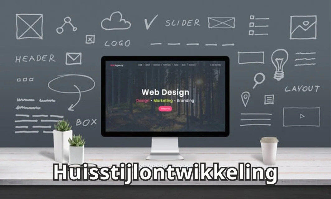 Een zwartbord met handgetekende schetsen van een websiteontwerp rondom een computer monitor die 'Web Design' weergeeft. Een witkleurige tafel met twee kleine planten, een koffie beker en de tekst 'Huistijlontwikkeling' onderaan.