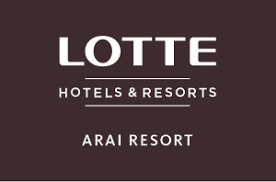 Lotte Hotels & Resorts Arai Resort logo with white text on a dark background.