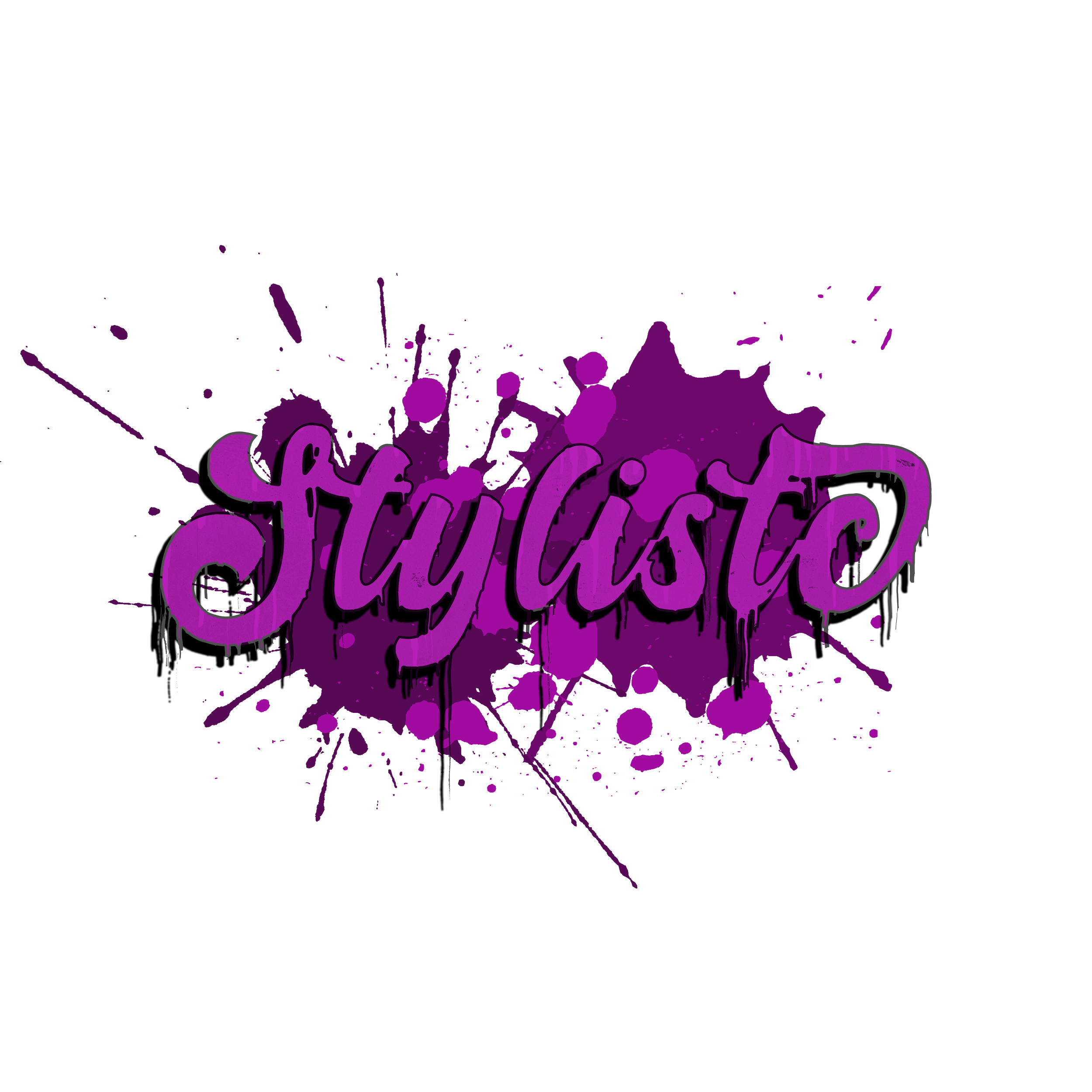 Graffiti-style text "Stylist" in purple with paint splatters.