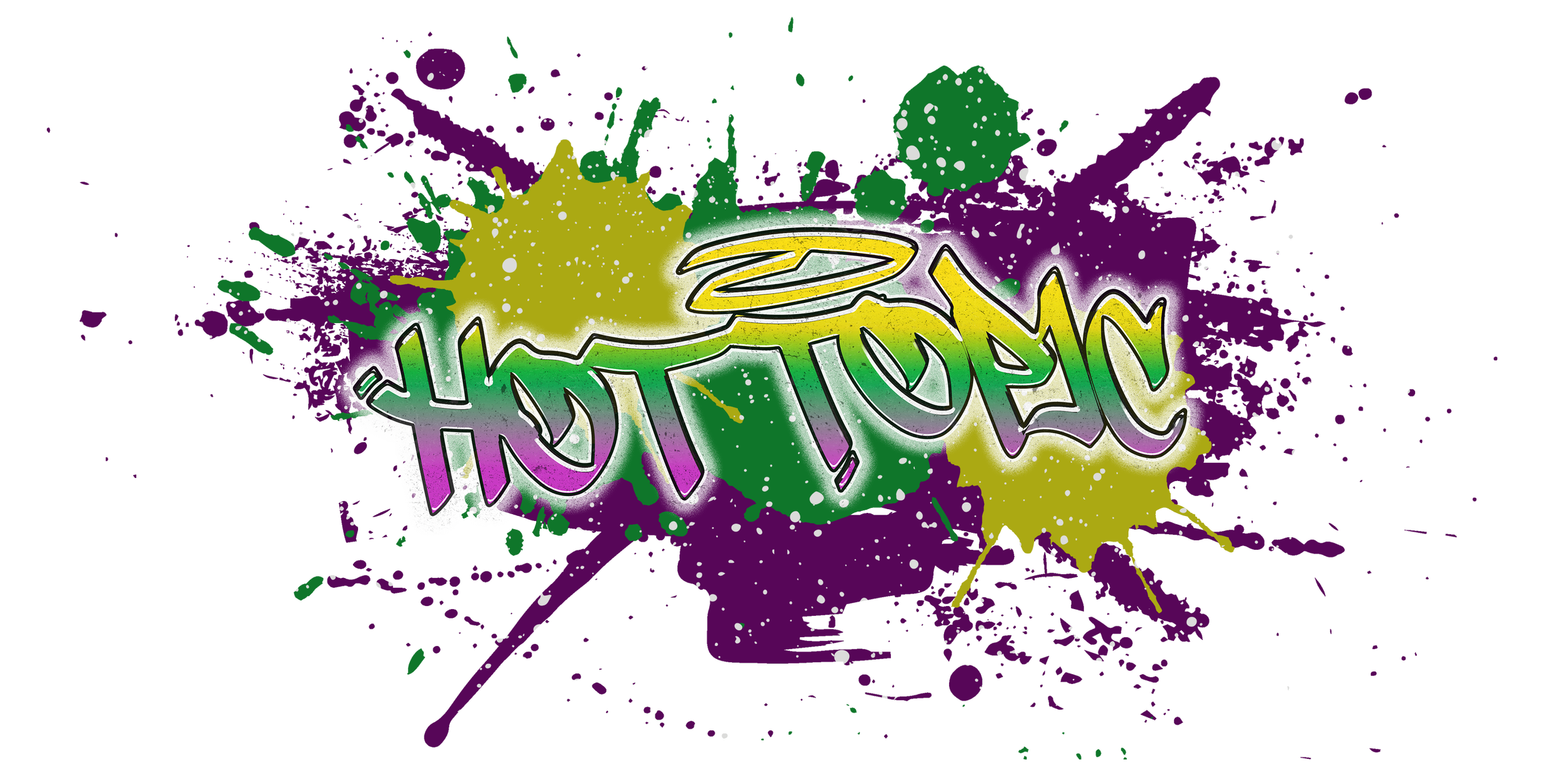 Graffiti-style text spelling "Hot Topic" with colorful paint splatters in green, purple, and yellow.