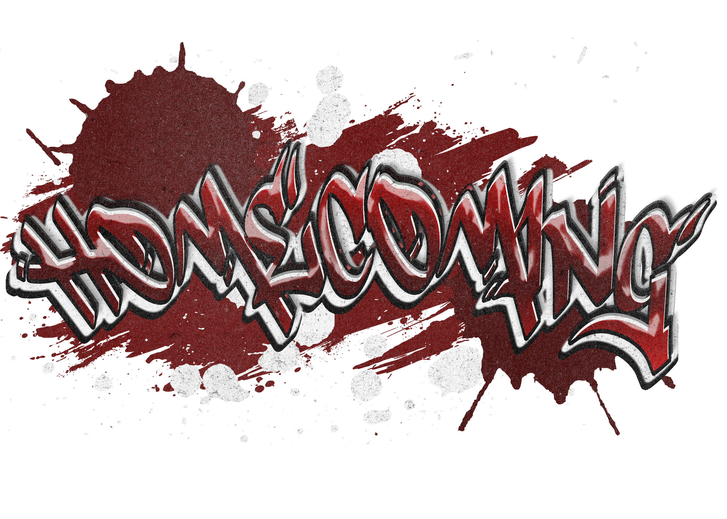 Graffiti-style "Homecoming" text with red and white paint splatters.