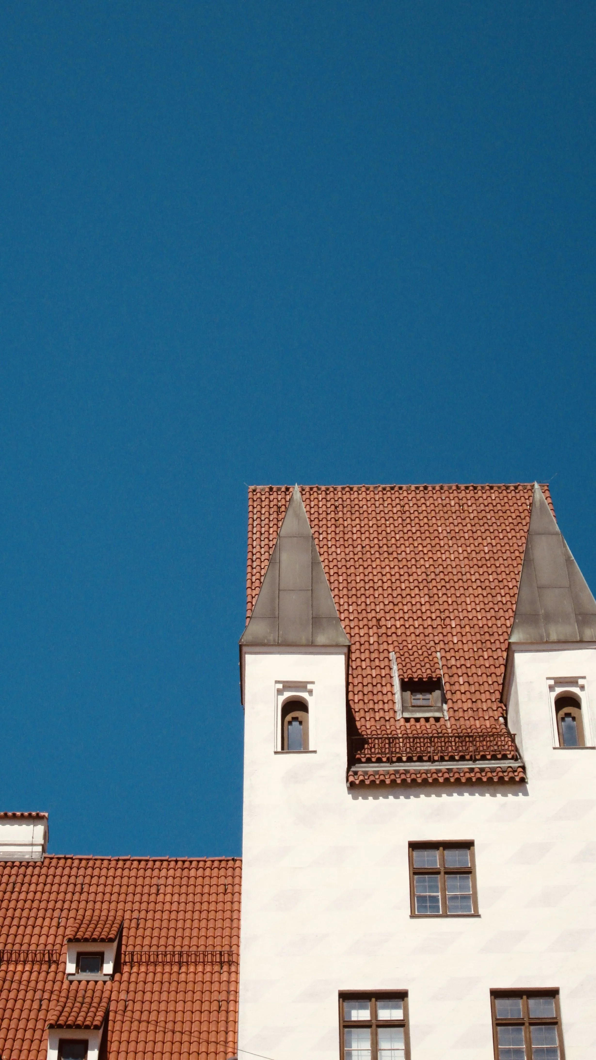 Toit en tuiles rouges d'un bâtiment ancien avec un ciel bleu en arrière-plan.