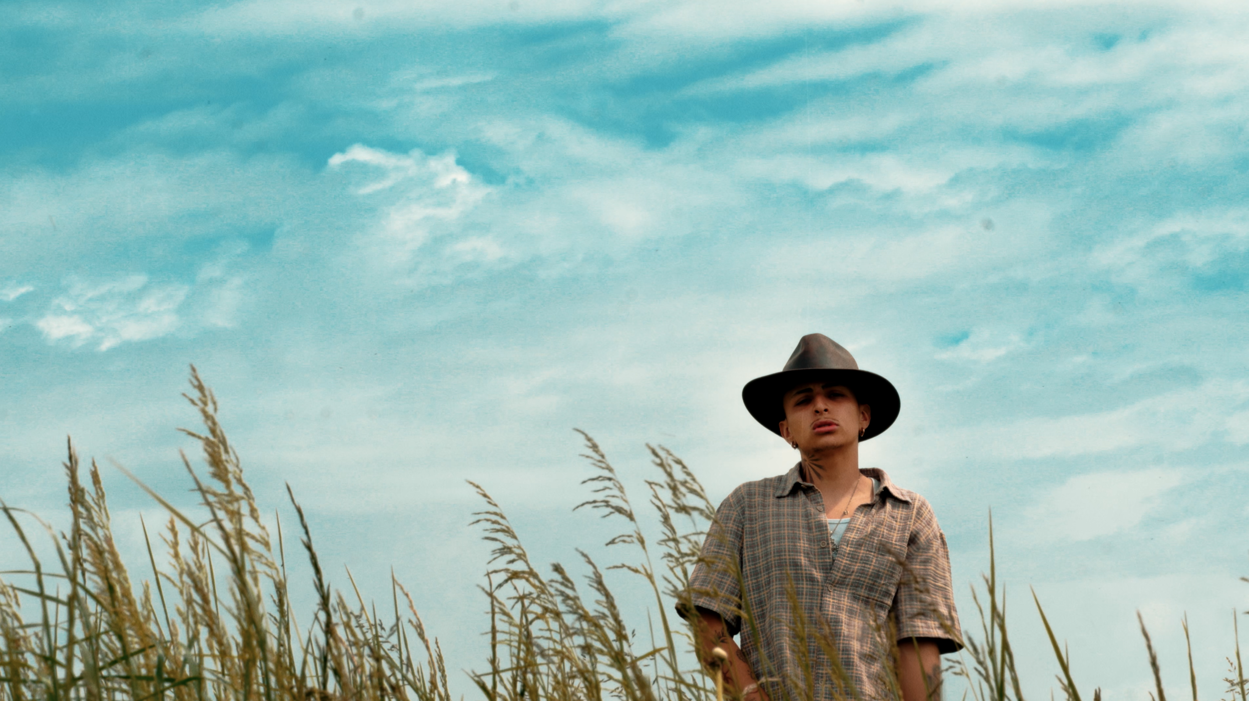 Un homme portant un chapeau de cowboy se tient dans un champ d'herbes hautes sous un ciel bleu.