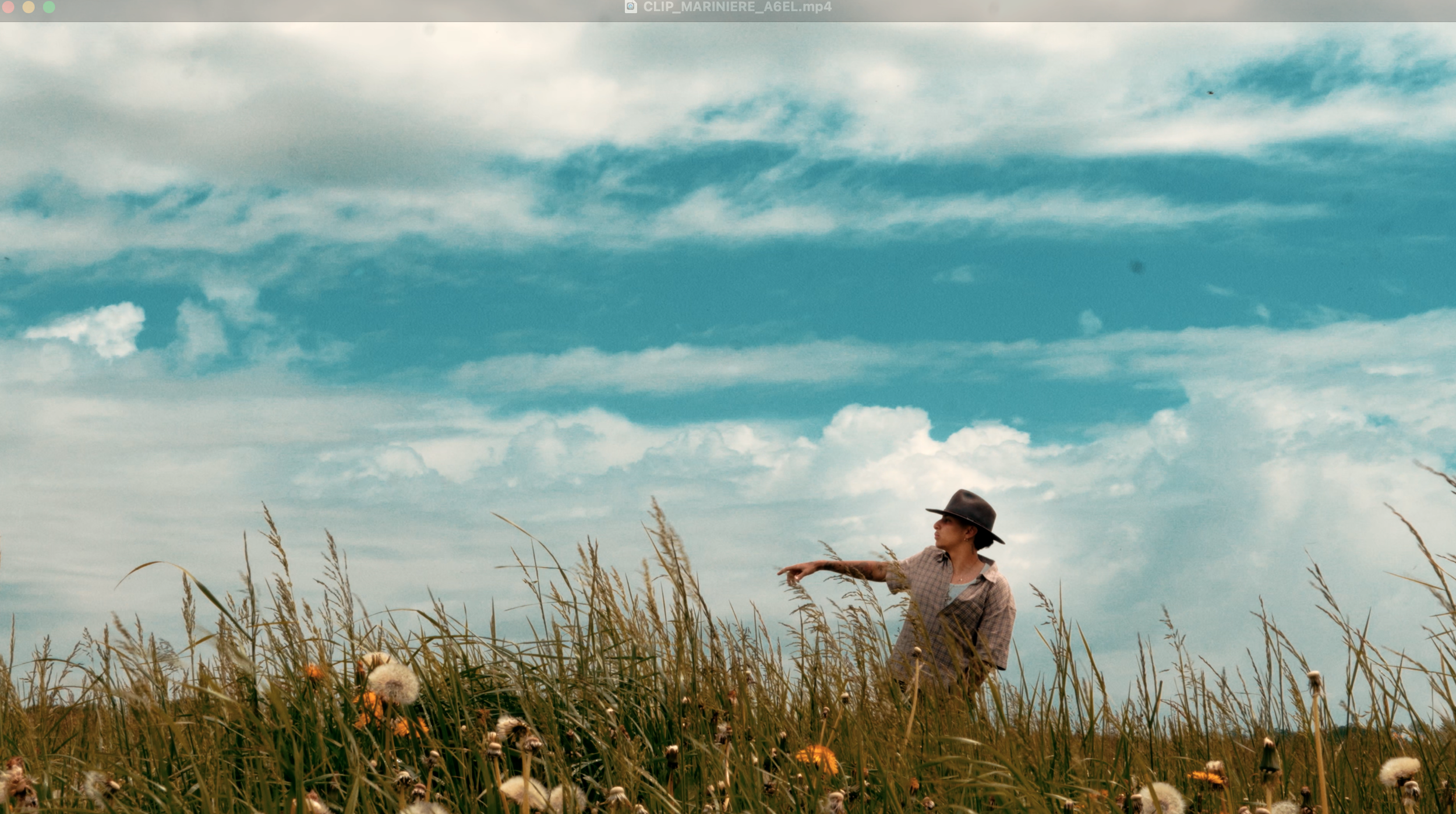 Personne portant un chapeau marchant dans un champ de hautes herbes sous un ciel partiellement nuageux.
