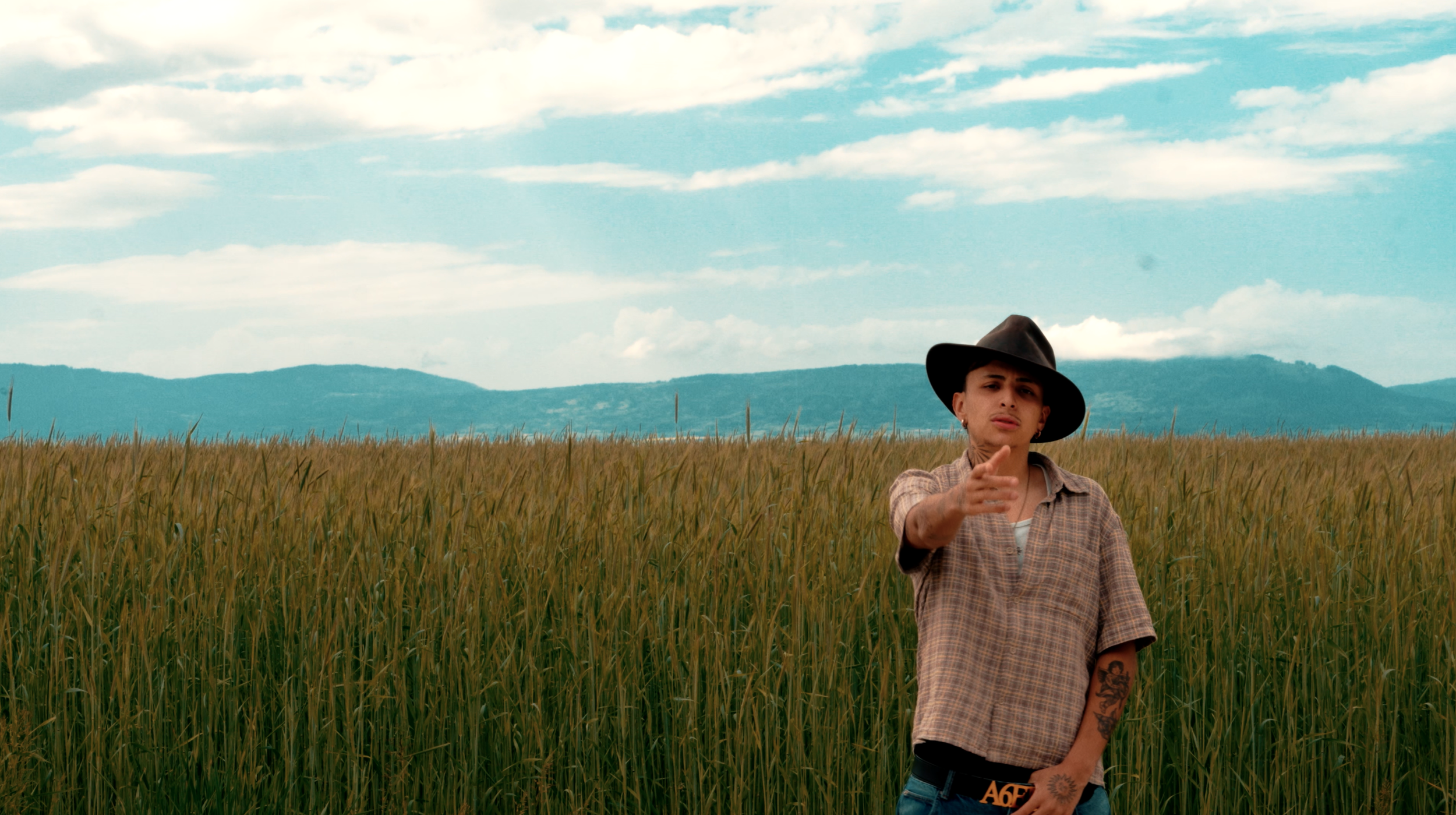 Homme en plein air dans un champ de blé, portant un chapeau et une chemise à carreaux, avec des montagnes et un ciel partiellement nuageux en arrière-plan.