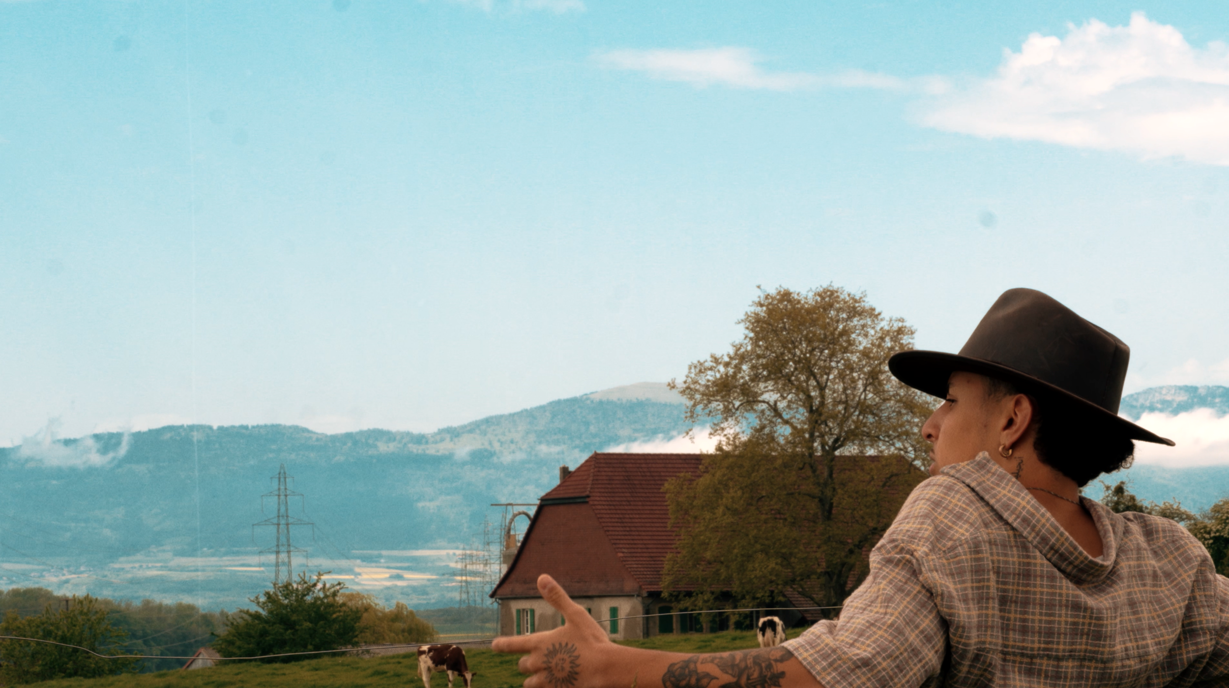 Une personne portant un chapeau regarde un paysage rural avec des collines, une ferme, et des vaches au pâturage.