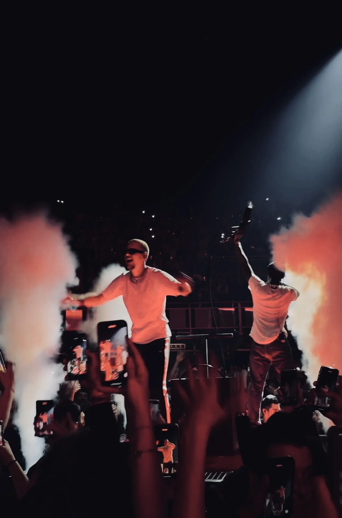 Deux artistes sur scène avec des effets de fumée, éclairés par des lumières colorées. Le public prend des photos avec des téléphones portables.