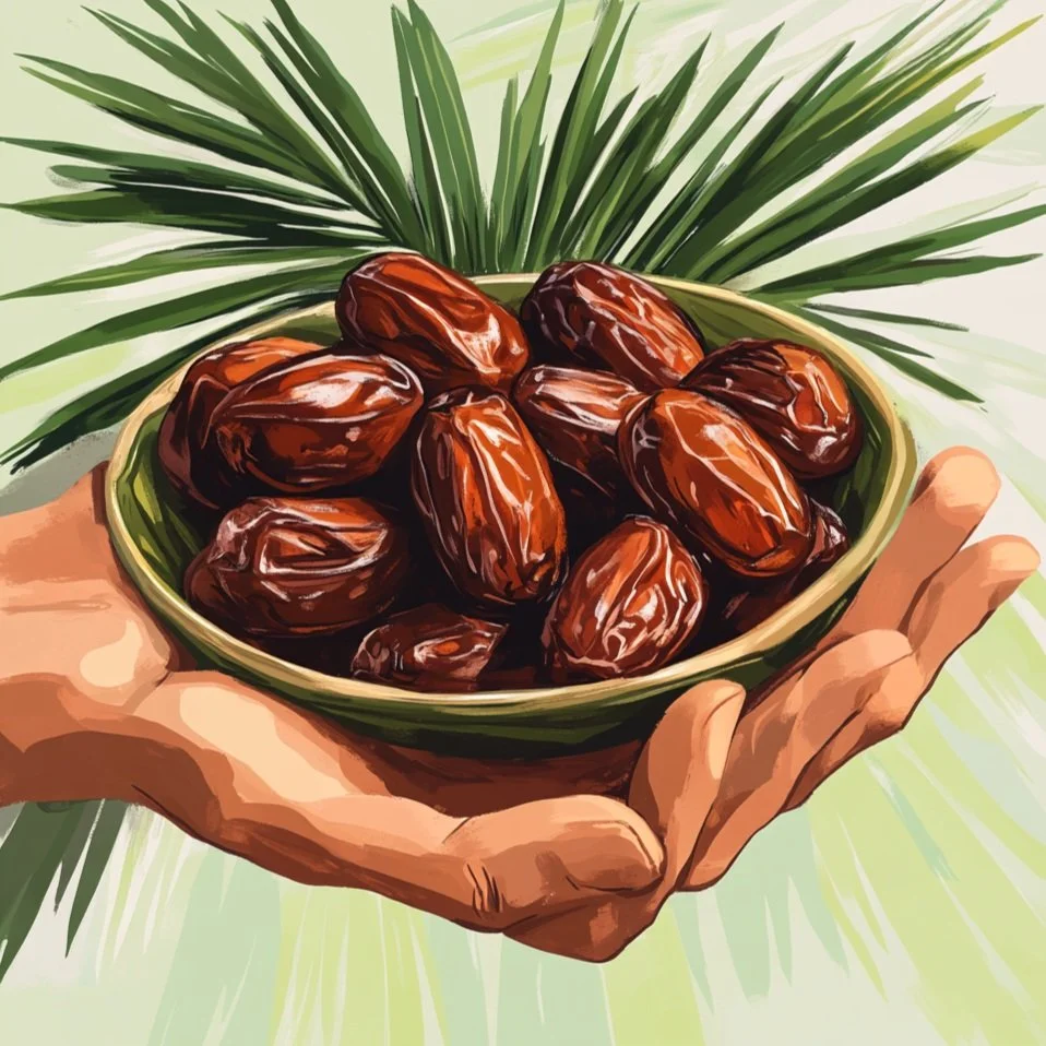 Illustration of hands holding a bowl of dates with palm leaves in the background.