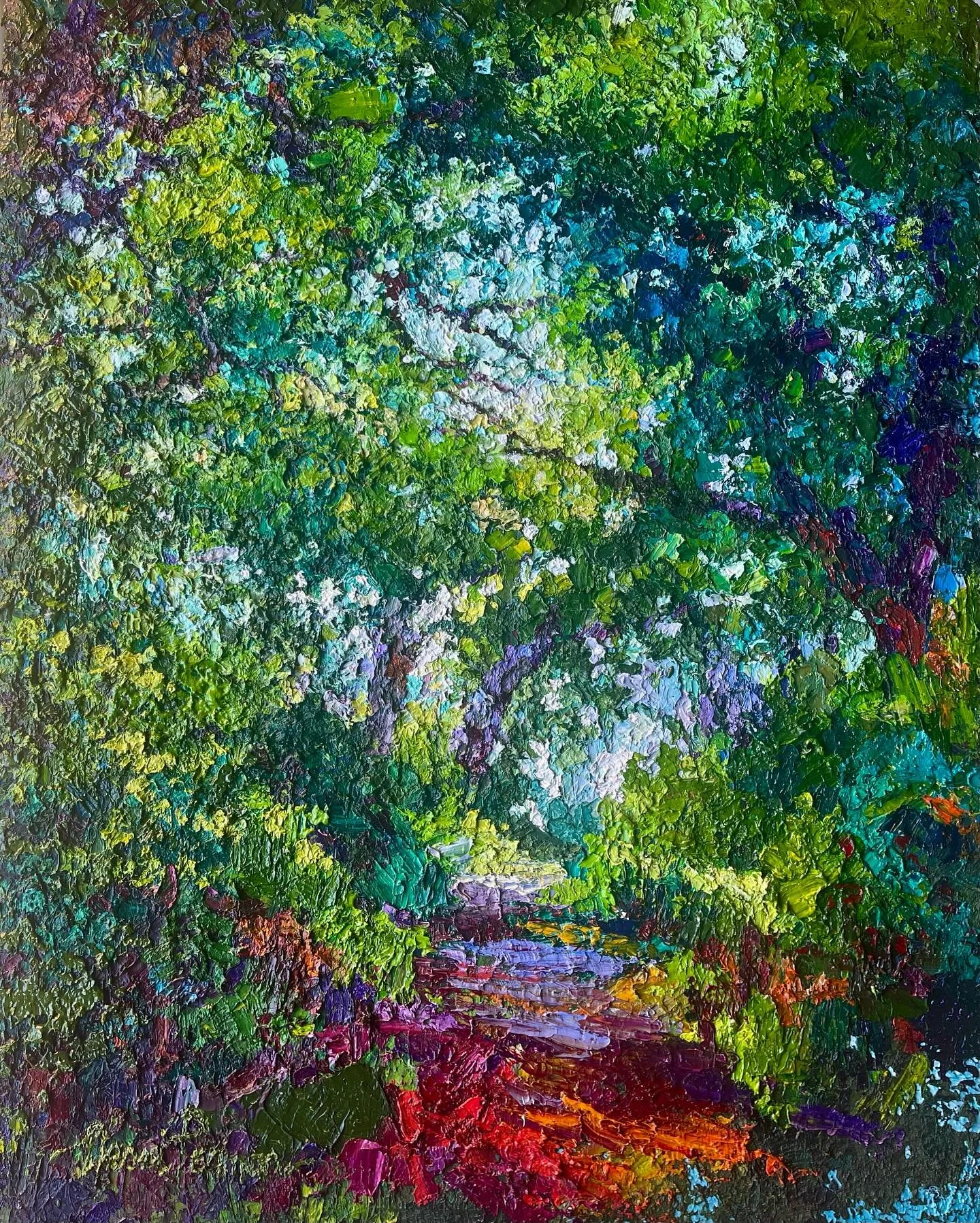 Frequency
Oil on canvas 90cm x 70cm.  With so many languages and cultures to be found within our World, nature is language-less.  Its one very powerful way to access and connect, sincerely to our Source.  The Ancient Intelligence which can be felt - 