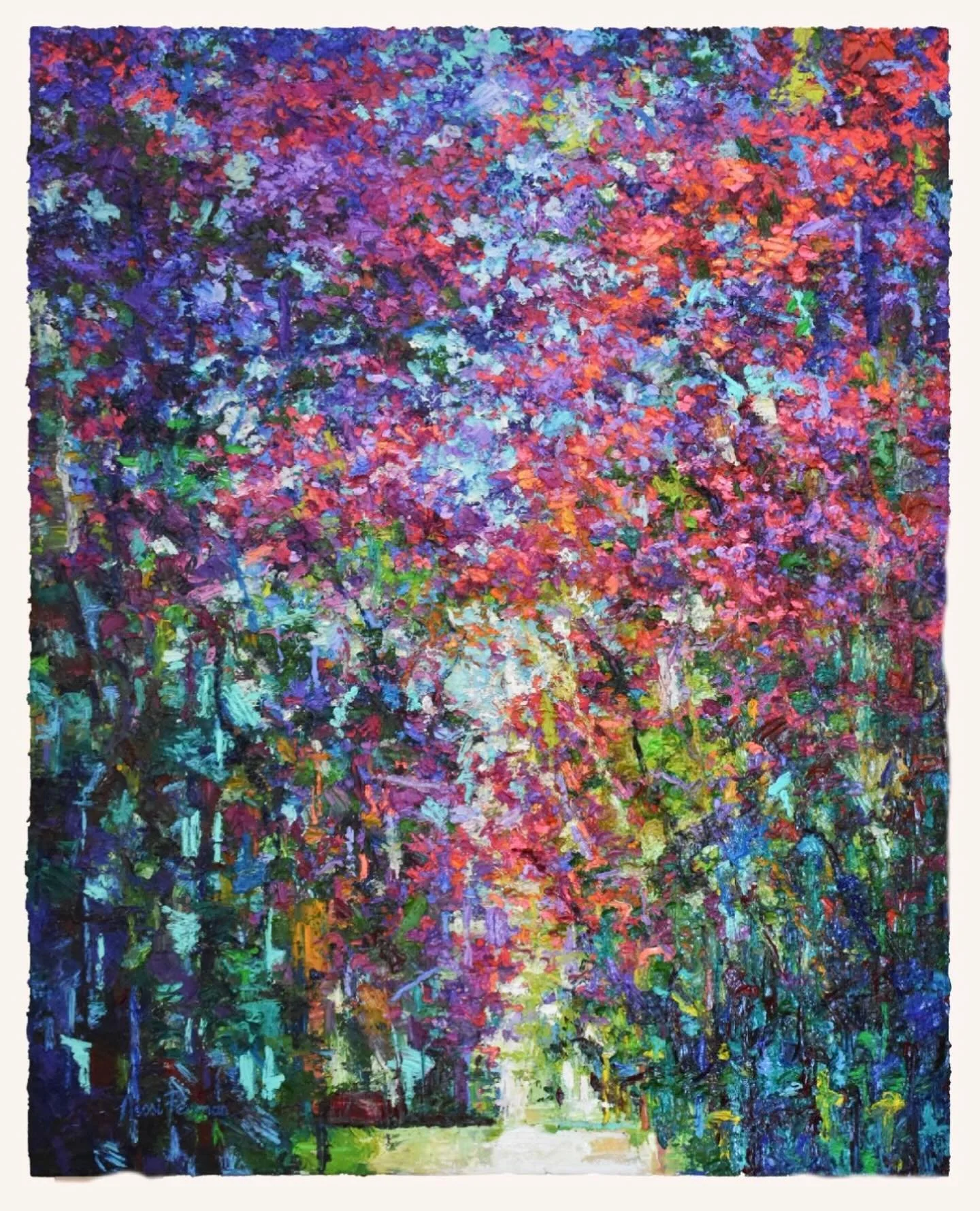 &ldquo;The Spaces Between&rdquo; 1.5m x 1.2m impasto oil on canvas framed in kiat.  Early years spent in streets filled with Jacaranda trees formed an indelible and vivid memory.  When I recall these happy times I am reminded how it is the spaces bet